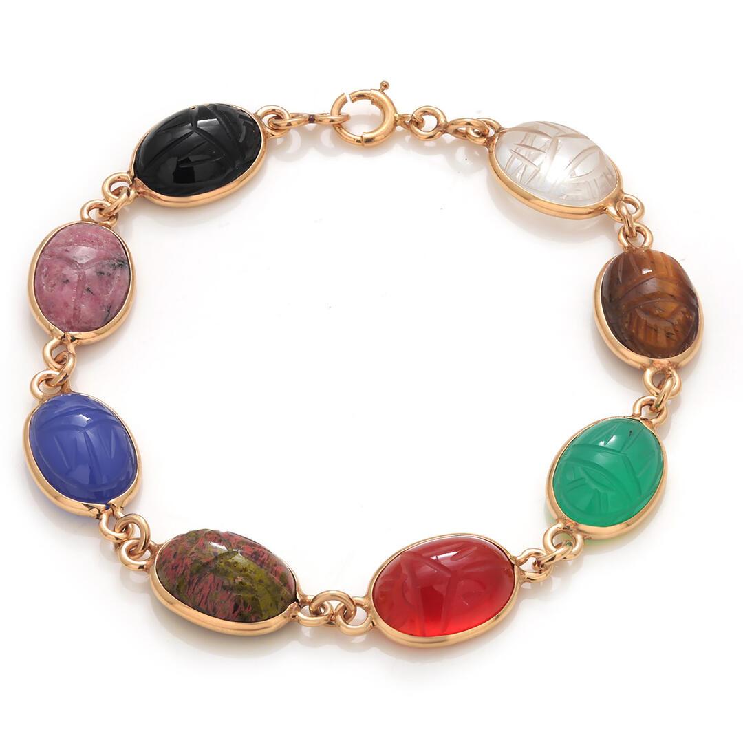 Women's 14K Yellow Gold 8 Bezel Set Multi Colored Carved Agates Scarab Bracelet