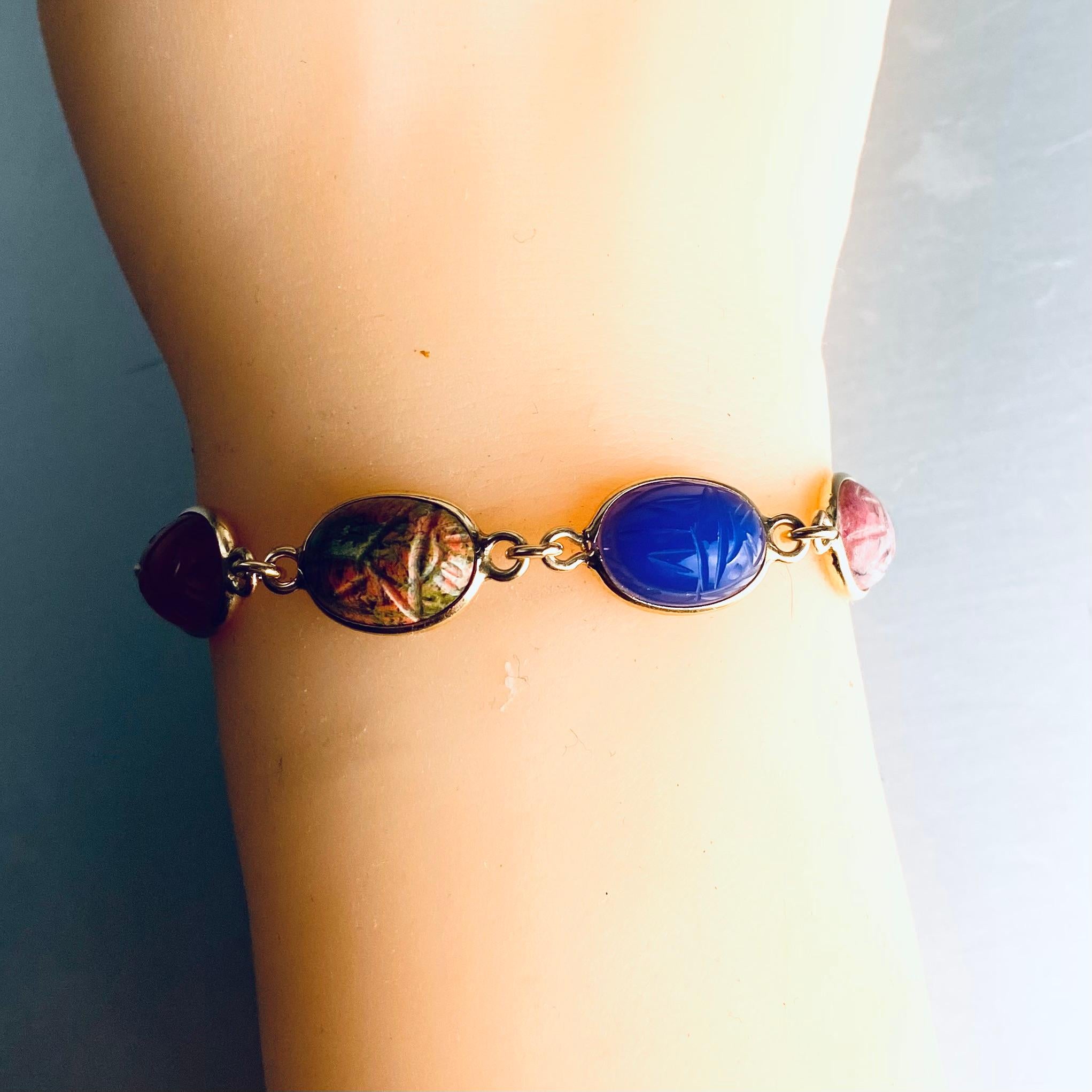 14K Yellow Gold 8 Bezel Set Multi Colored Carved Agates Scarab Bracelet 1