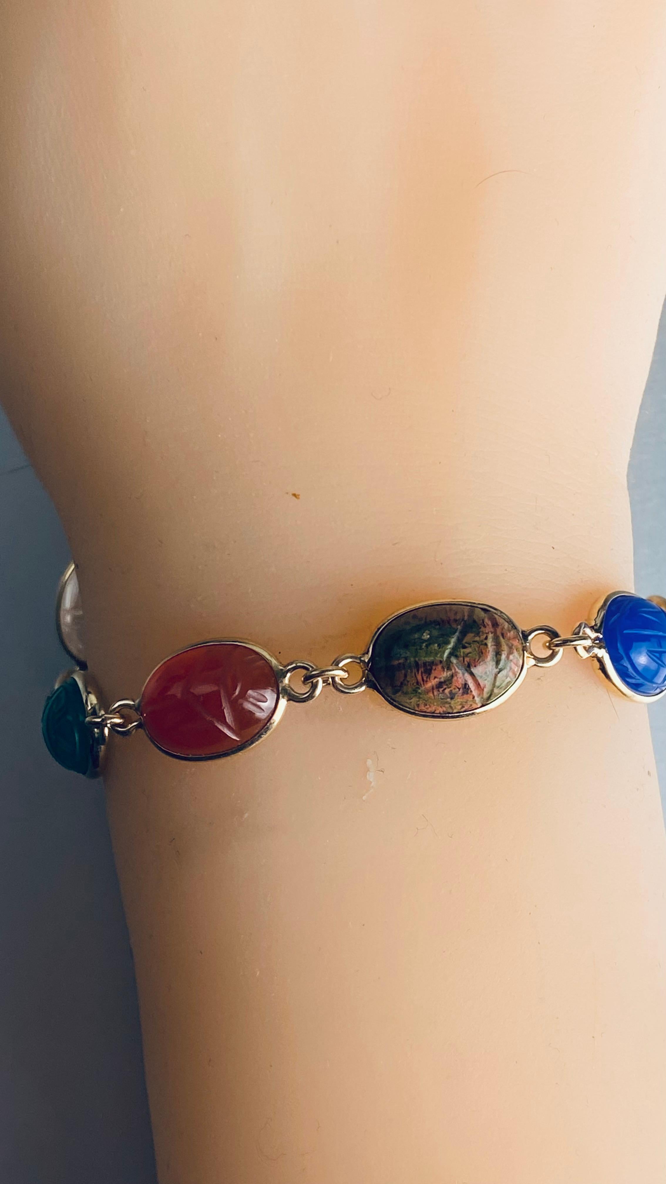 14K Yellow Gold 8 Bezel Set Multi Colored Carved Agates Scarab Bracelet 3