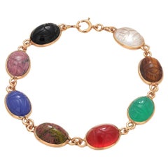 14K Yellow Gold 8 Bezel Set Multi Colored Carved Agates Scarab Bracelet