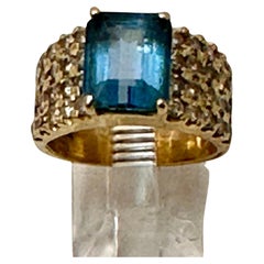 14k Yellow Gold  8 x 10mm Emerald Cut Blue Topaz 40 Round Diamond Ring Sz 6 1/4