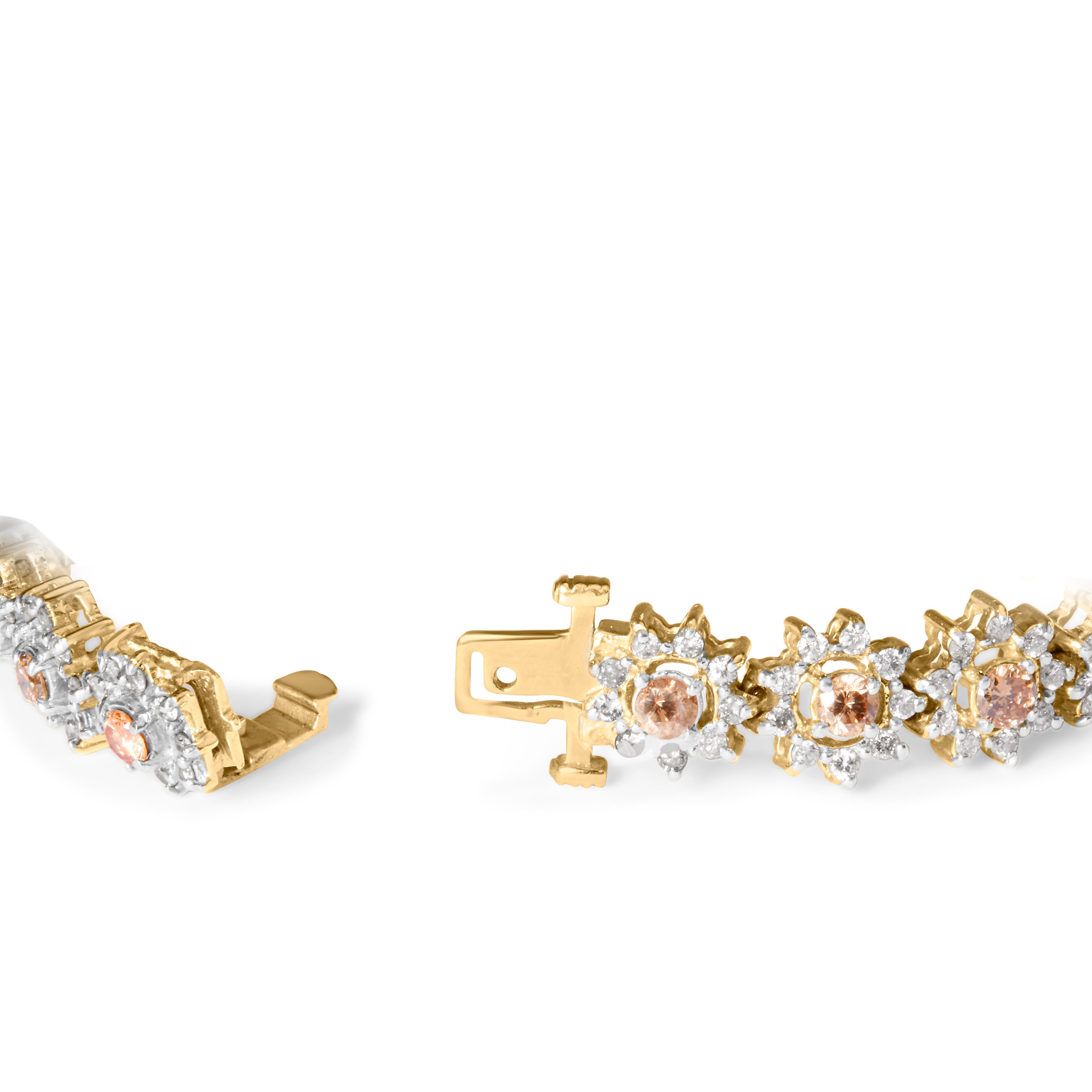 Introducing a mesmerizing masterpiece that will adorn your wrist with unparalleled elegance. This 14K Yellow Gold Bracelet showcases a captivating floral cluster design, meticulously crafted with 190 round champagne diamonds. With a total weight of