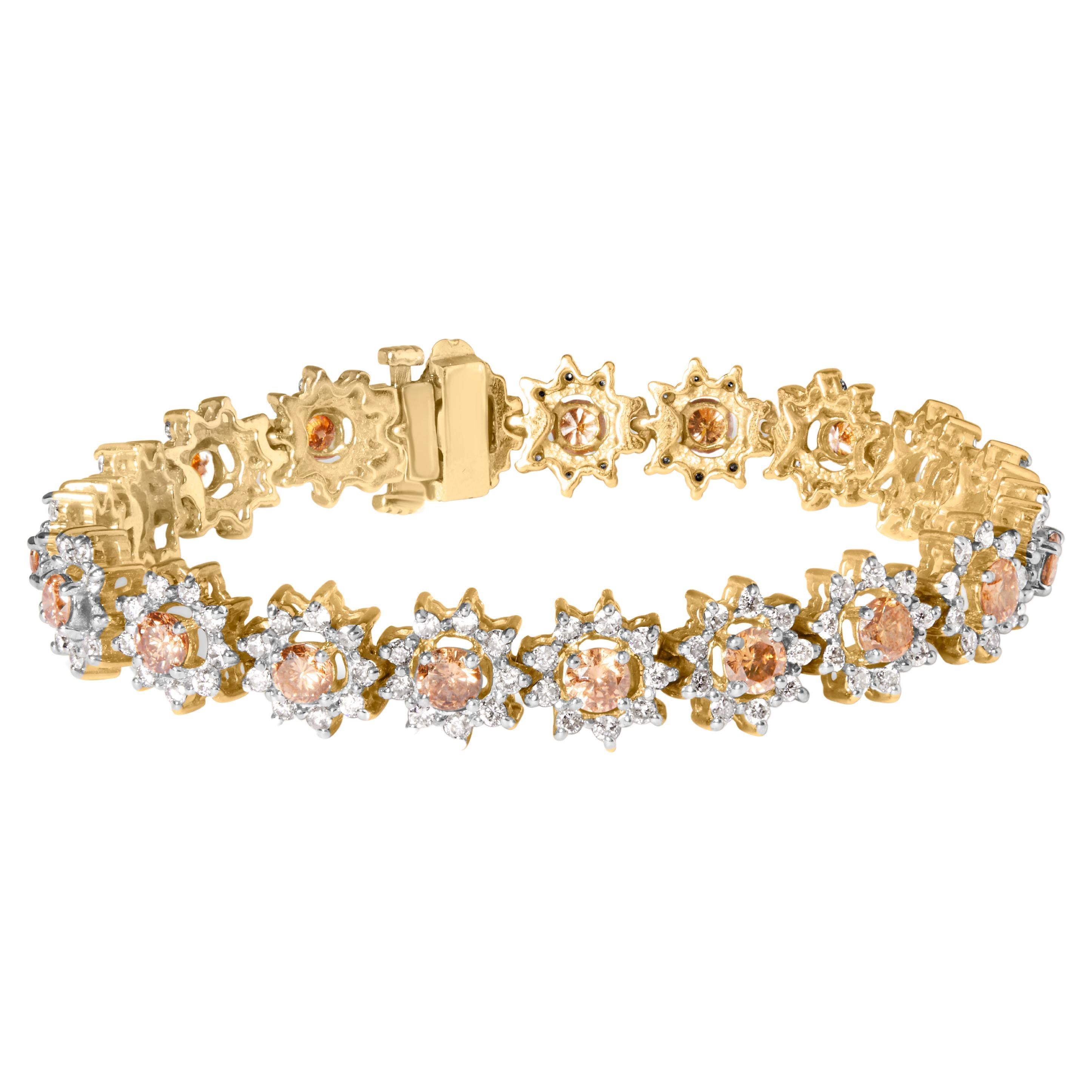 14K Yellow Gold 8.0 Carat Champagne Diamond Floral Cluster Halo Link Bracelet For Sale