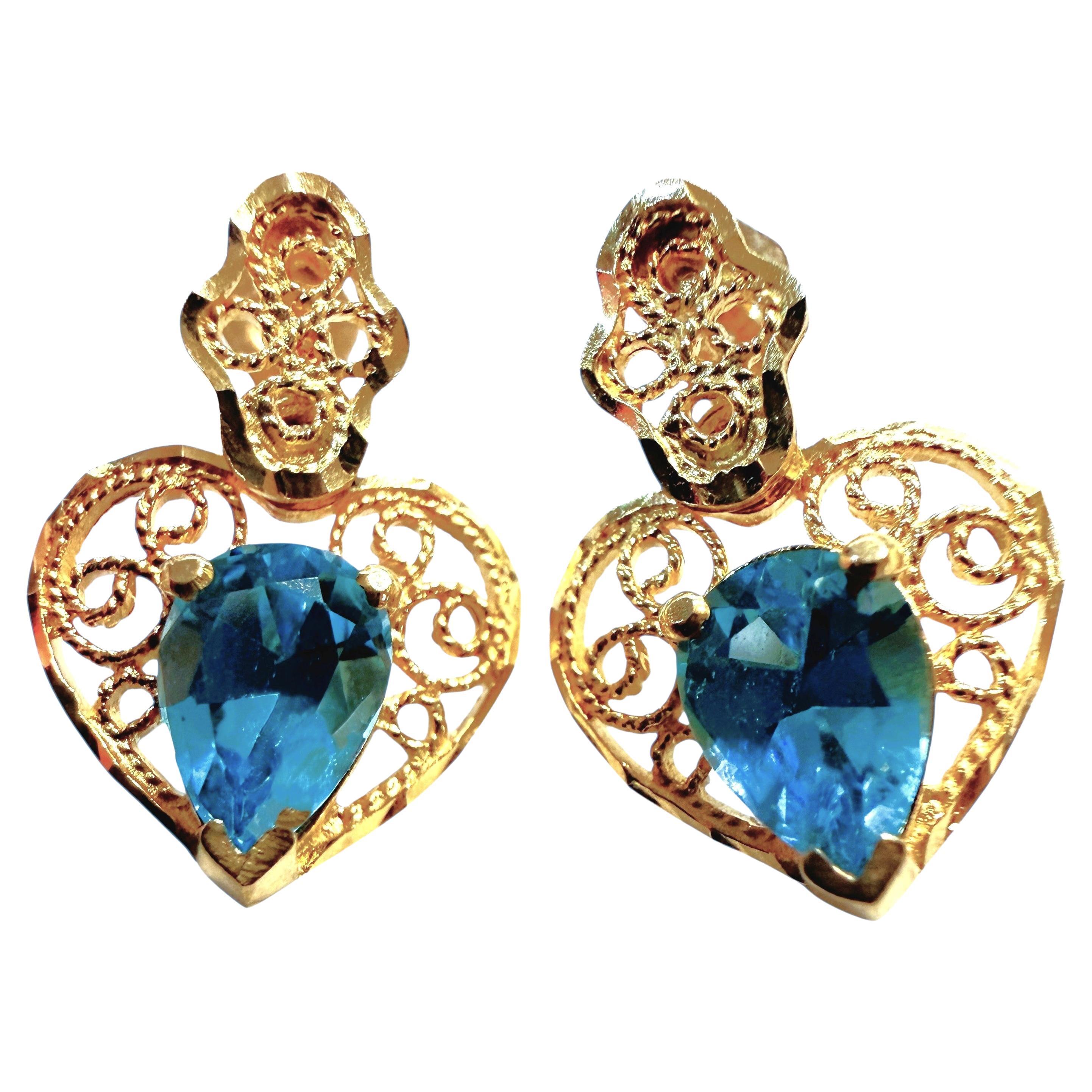 14k Yellow Gold .80 Carat Topaz Filigree Heart Shaped Post Earrings
