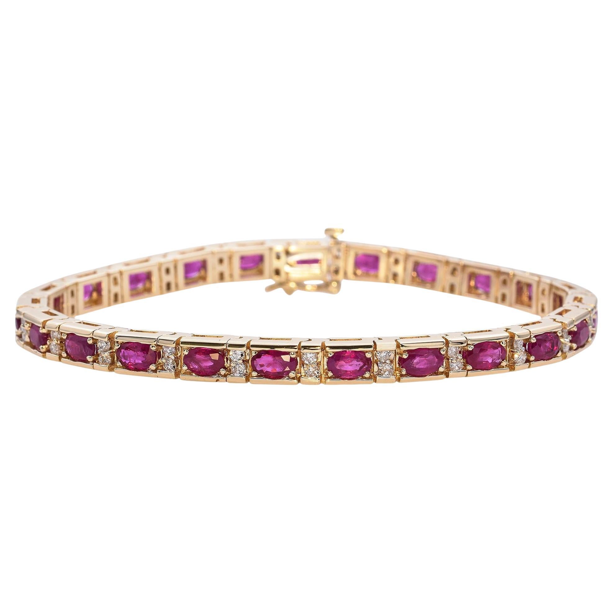 Bracelet tennis en or jaune 14 carats avec rubis de 8,04 carats et diamants de 1,68 carat