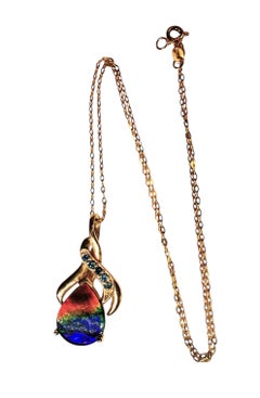 14K Yellow Gold 8.1 Carat Ammonite & .15 Carat Bue Diamond Necklace 18k Chain