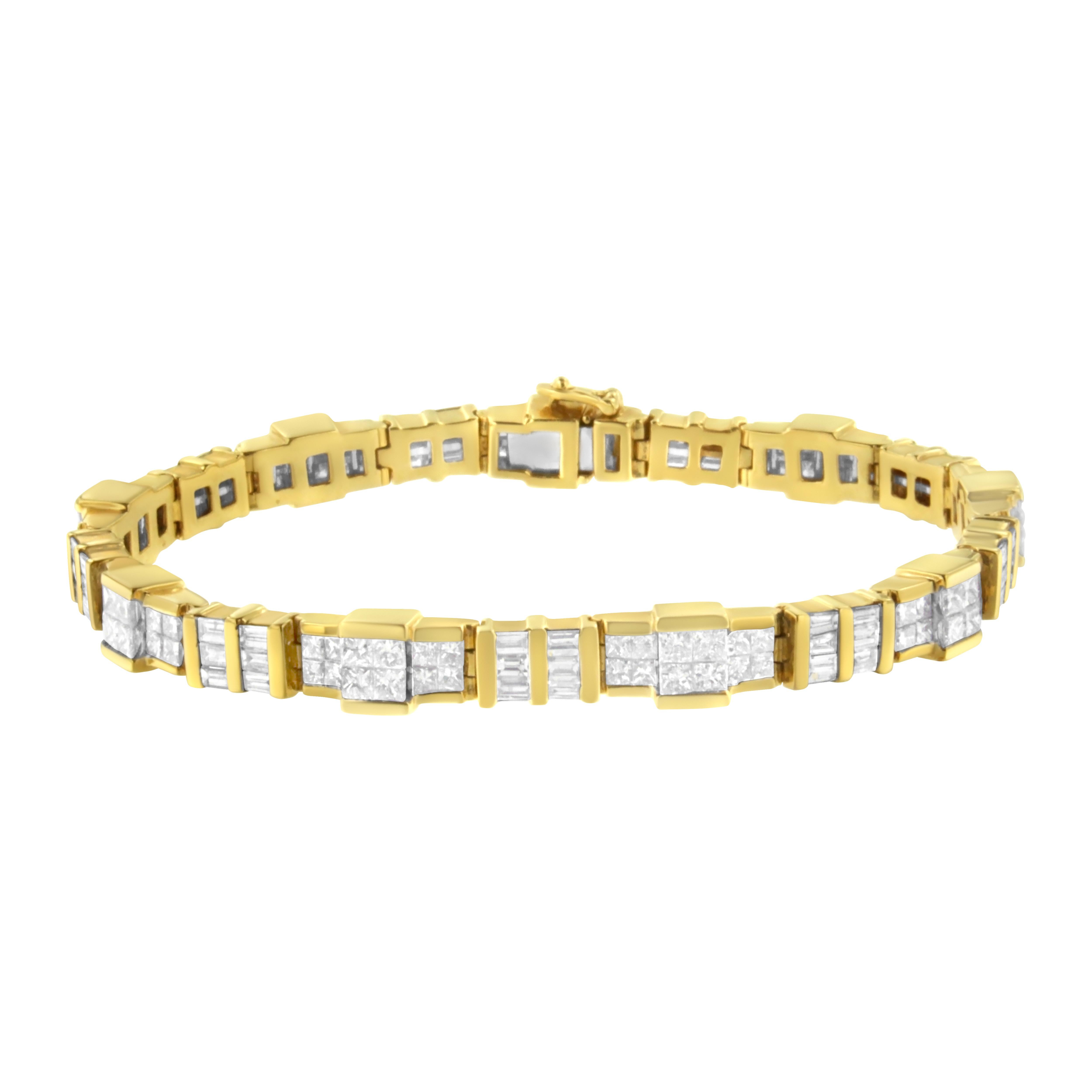 Add a timeless look to your style with this beautiful and regal tennis style diamond bracelet. Fashioned in an alternative pattern of squares, it is composed of 14 karats yellow gold. Further, the decoration with flickering princess and baguette cut