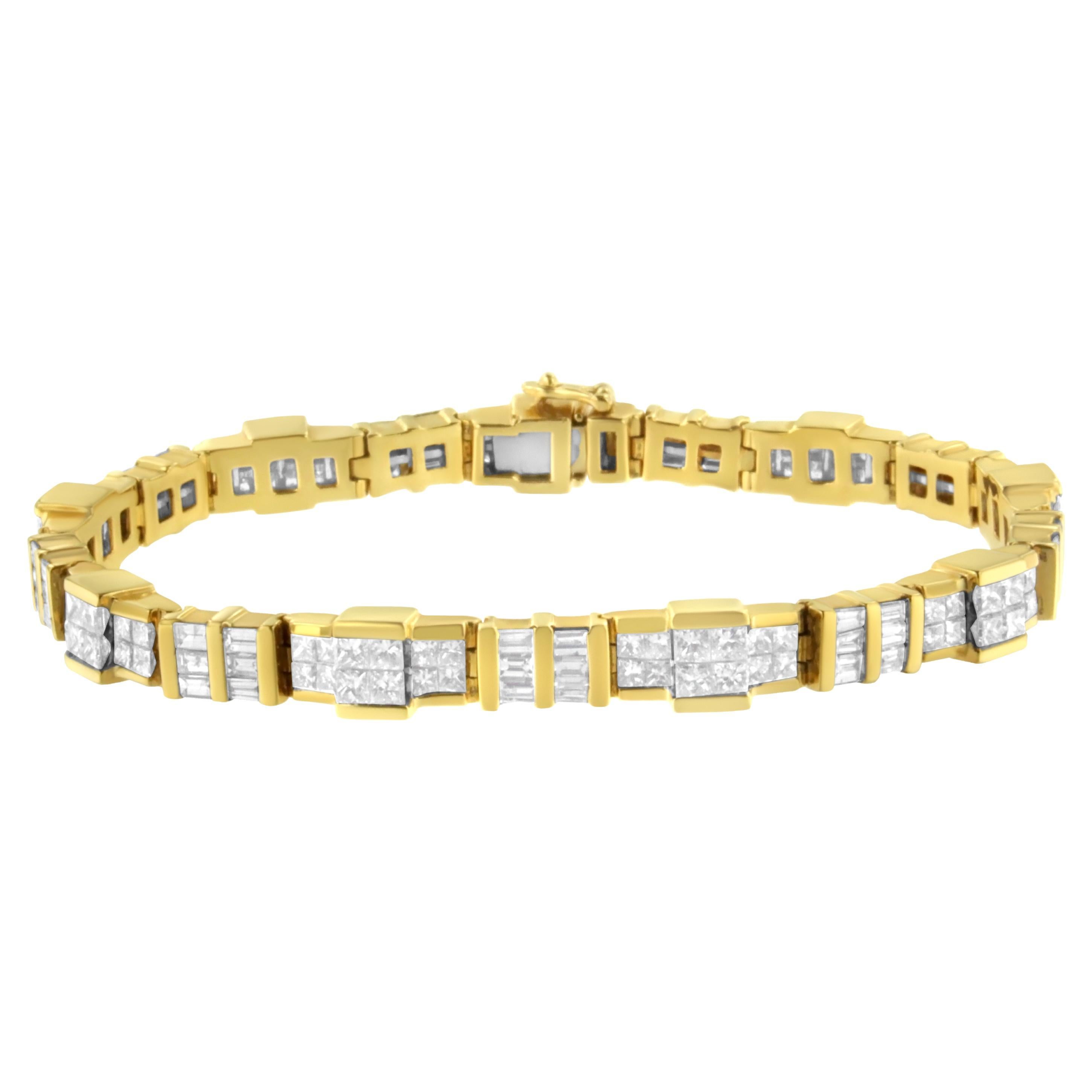 Bracelet en or jaune 14 carats avec diamants taille princesse et baguette de 8,30 carats