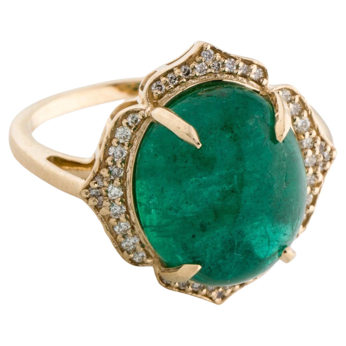 14K Yellow Gold 8.33ct Oval Cabochon Emerald and Diamond Cocktail Ring, Size 7