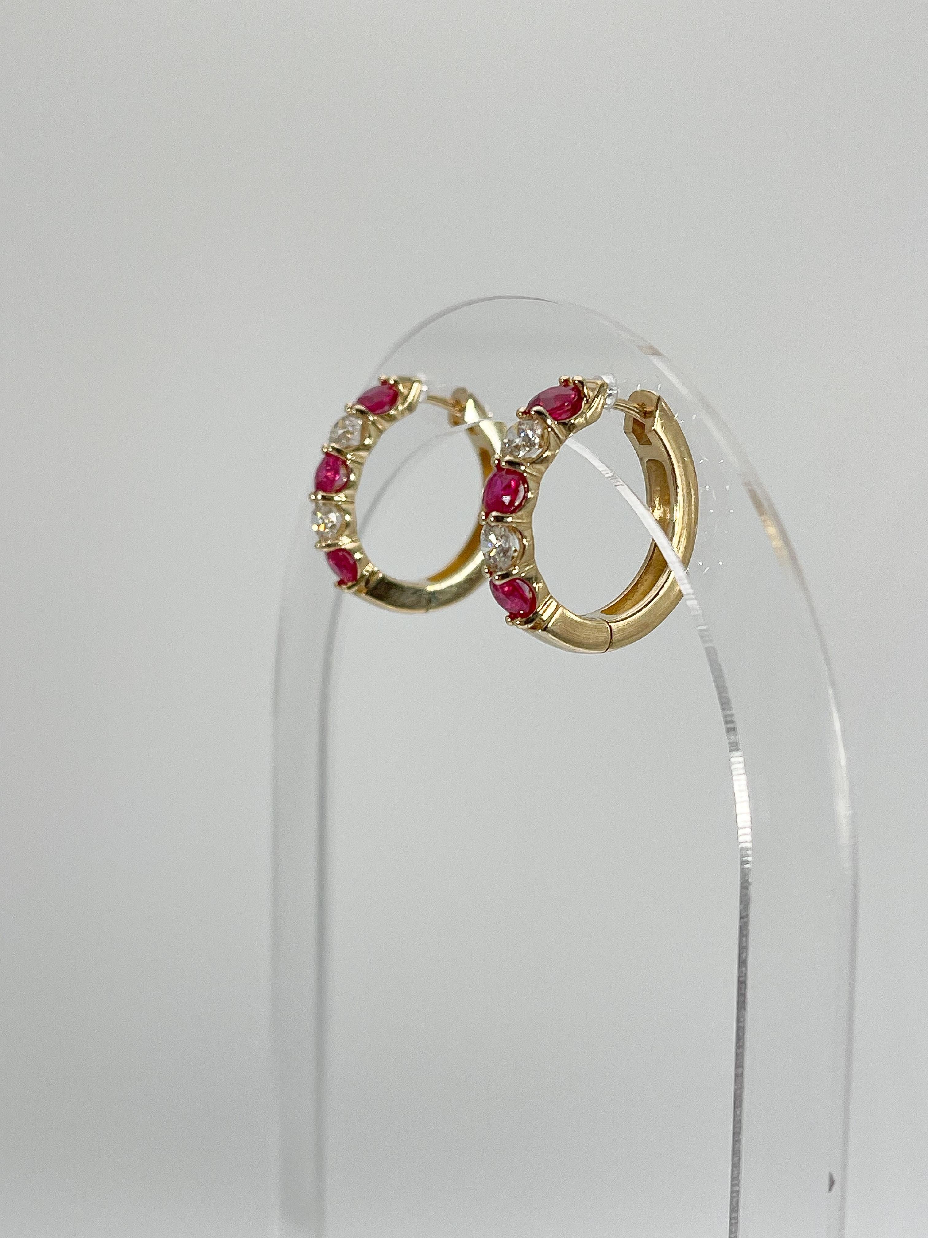 Round Cut 14K Yellow Gold .84 CTW Diamond and 1.54 CTW Ruby Hoops For Sale
