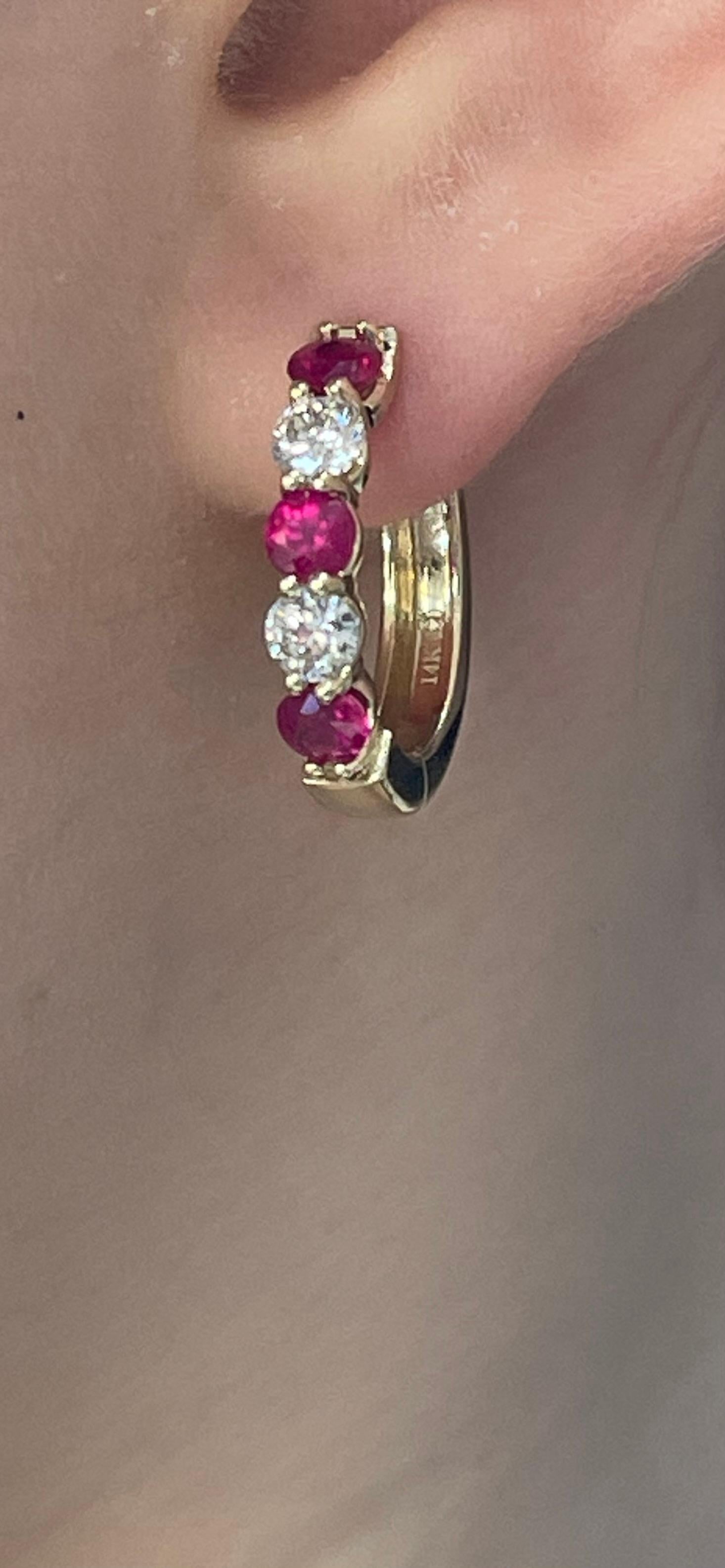 Women's 14K Yellow Gold .84 CTW Diamond and 1.54 CTW Ruby Hoops For Sale