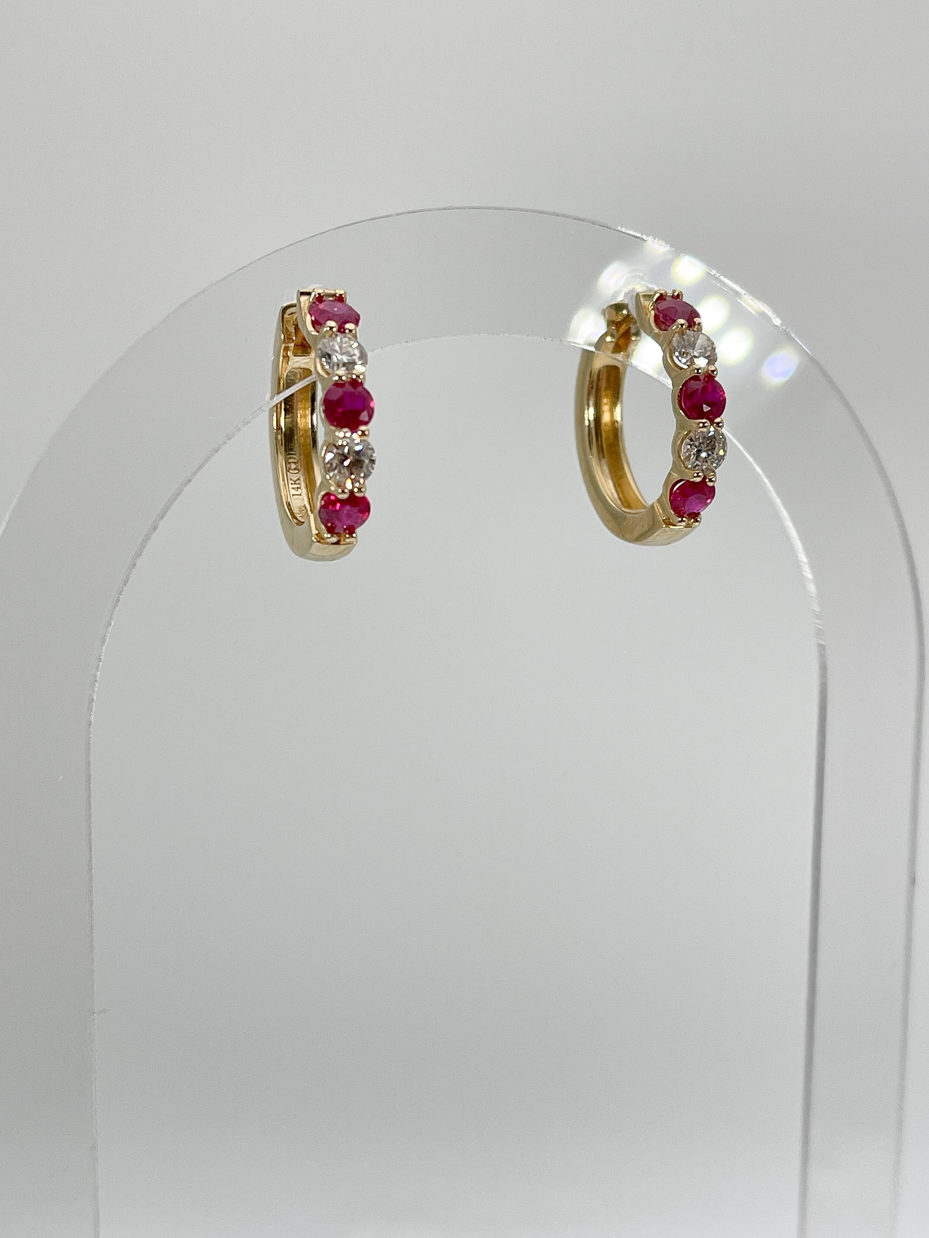 14K Yellow Gold .84 CTW Diamond and 1.54 CTW Ruby Hoops In New Condition For Sale In Stuart, FL