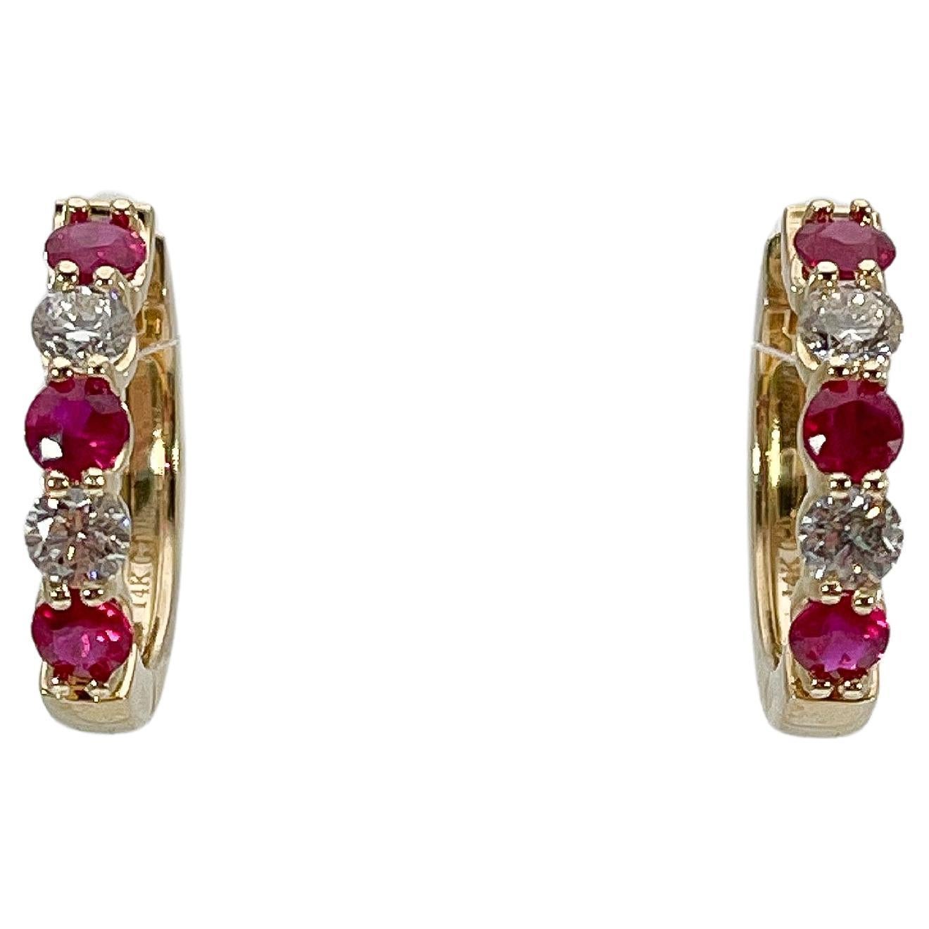 14K Yellow Gold .84 CTW Diamond and 1.54 CTW Ruby Hoops For Sale