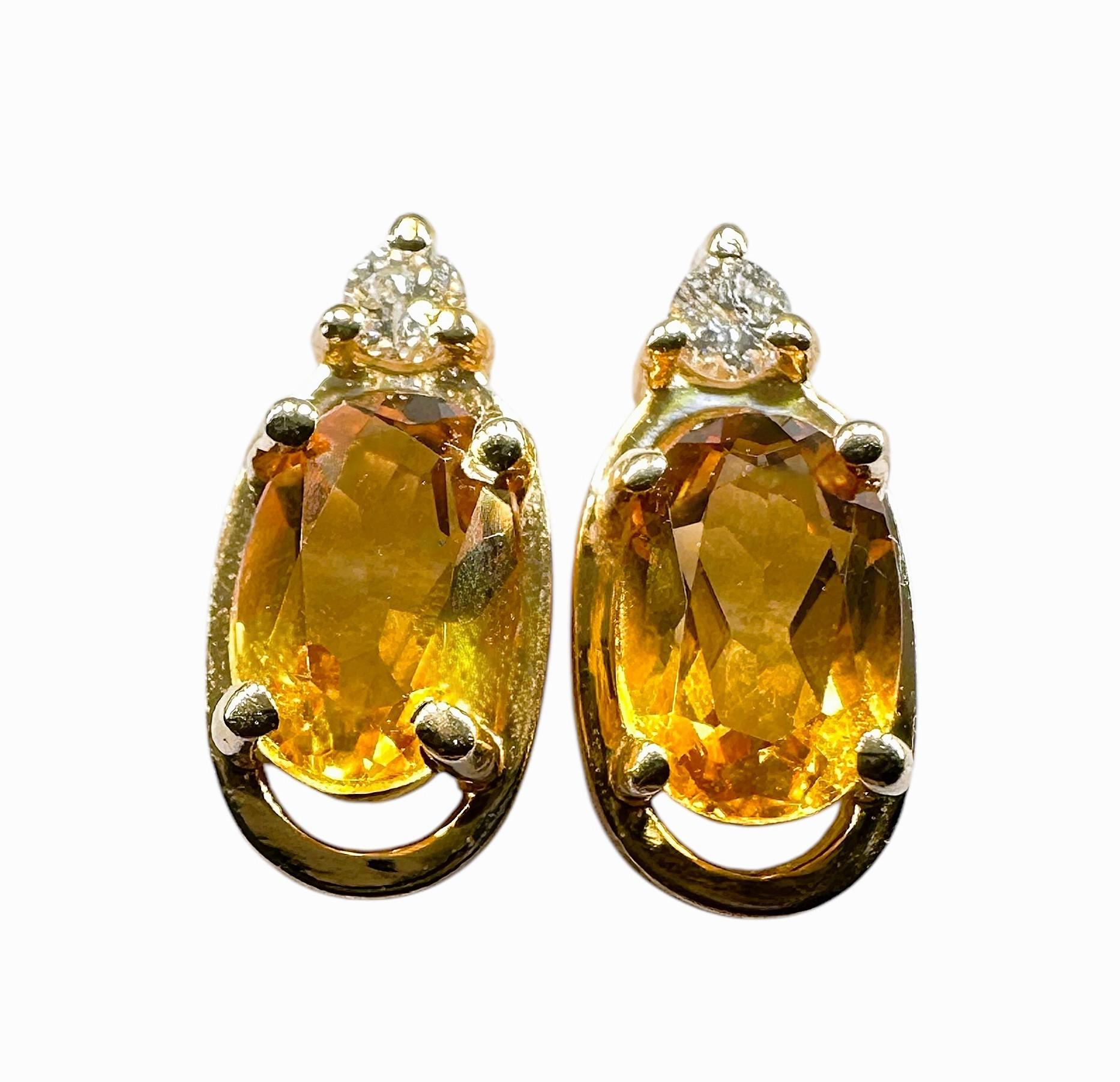 14K Yellow Gold .86 Carat Citrine & Diamond Stud Earrings 1