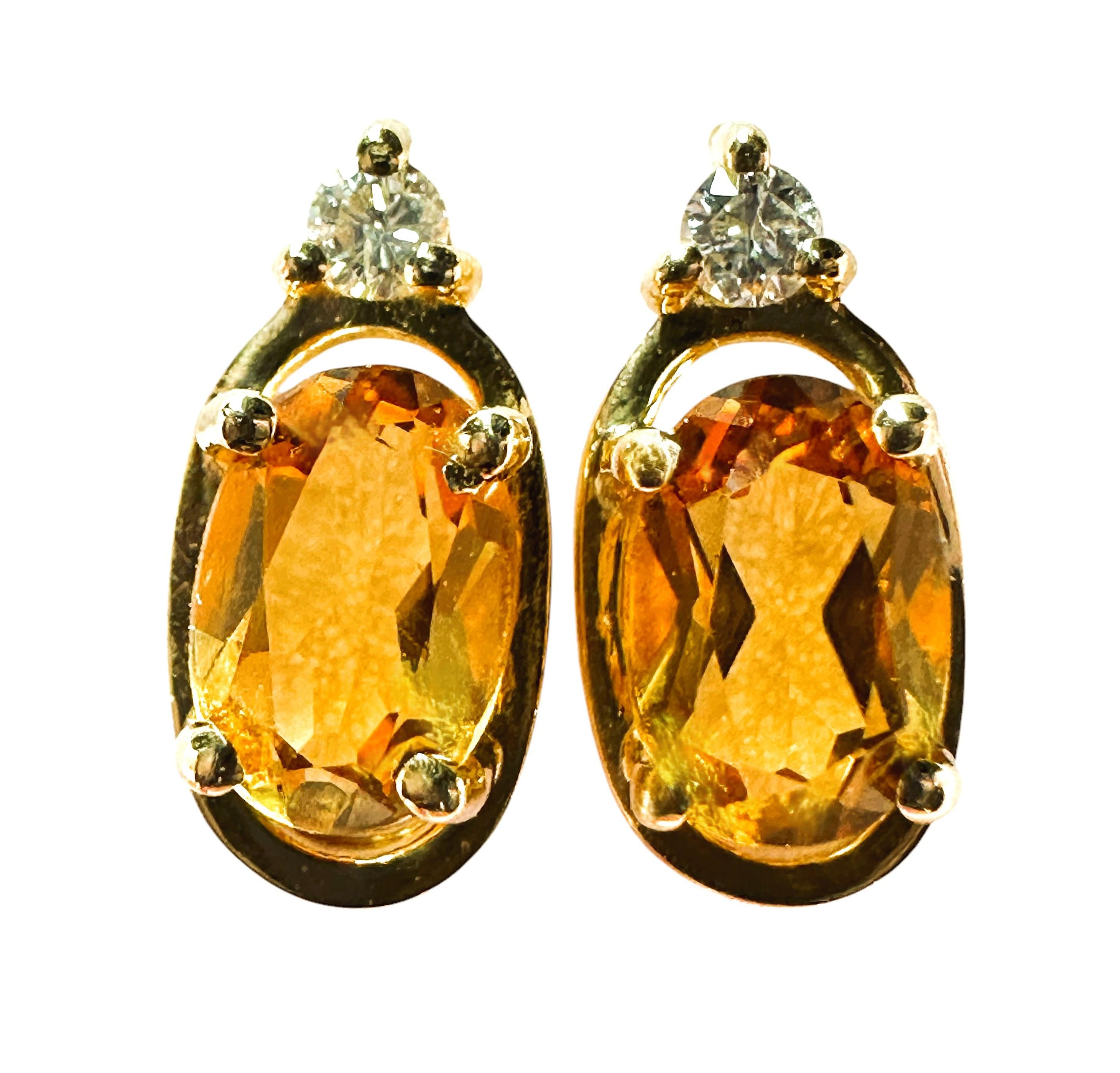 14K Yellow Gold .86 Carat Citrine & Diamond Stud Earrings 2