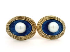 Grands boutons de manchette ovales en or jaune 14 carats, perles de 8,8 mm et émail bleu