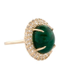14K Yellow Gold 8.98ct Oval Cabochon Emerald and 0.48ct Diamond Cocktail Ring