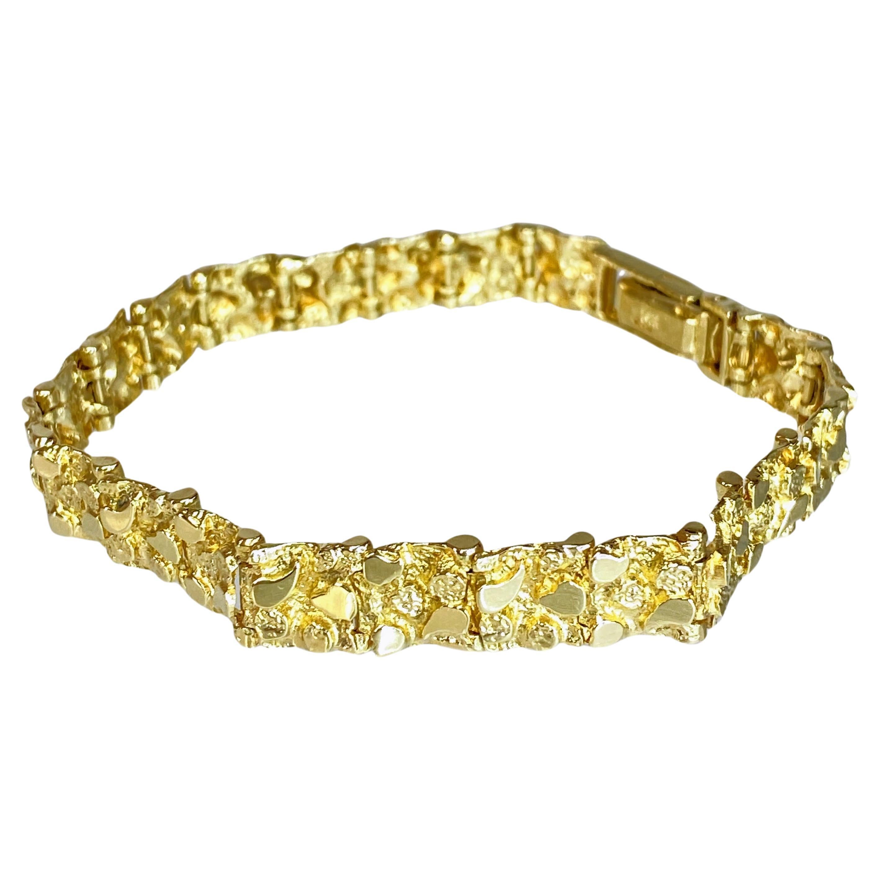 14K Yellow Gold Luxurious 8mm Wide Nugget Style 7" Womens Bracelet 13.9g For Sale