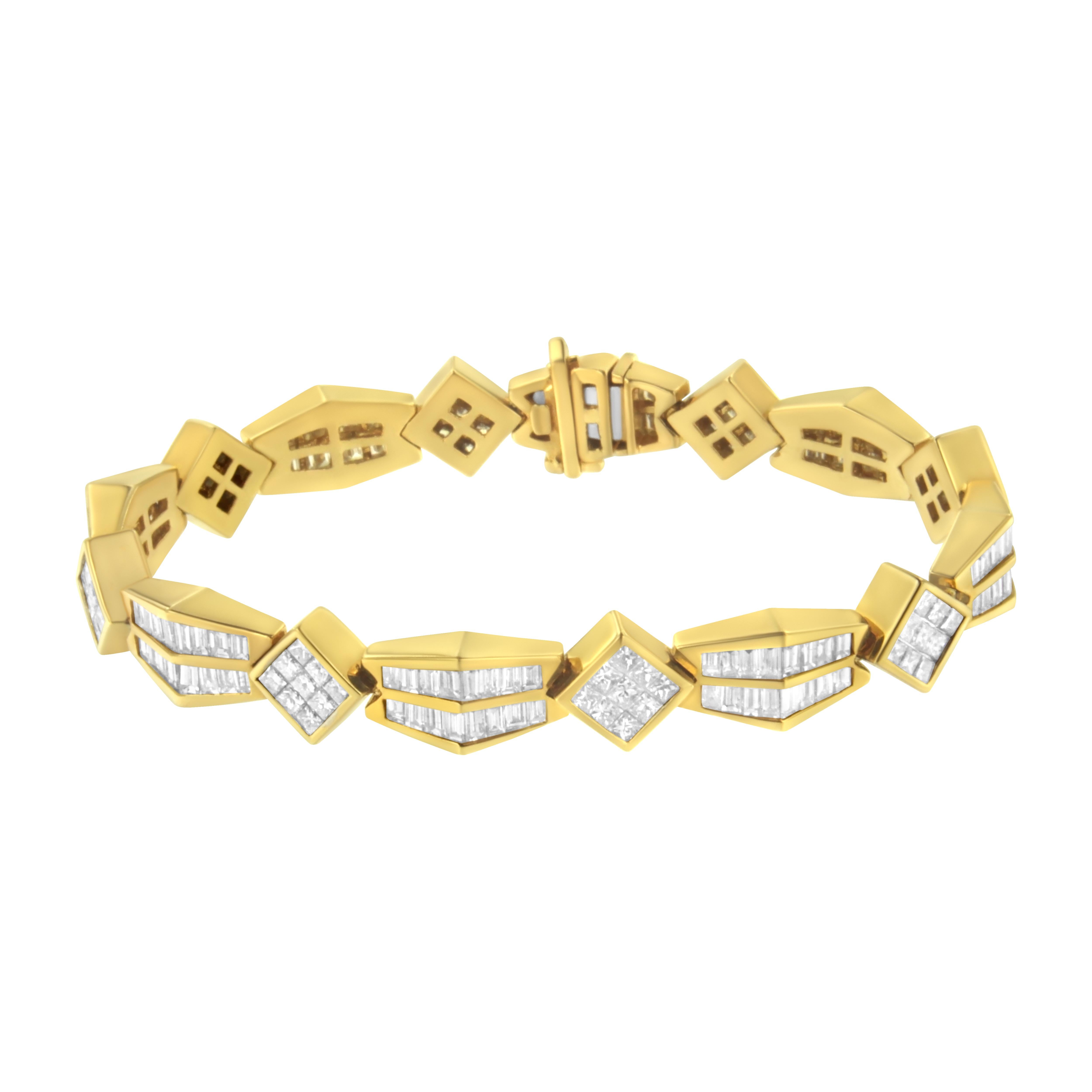 Like a work of art, this bold and brilliant bracelet features over 9 carats of princess cut and baguette-style diamonds just begging to be noticed. Glittering across a band of textured 14 karat yellow gold links, it's a show piece for every