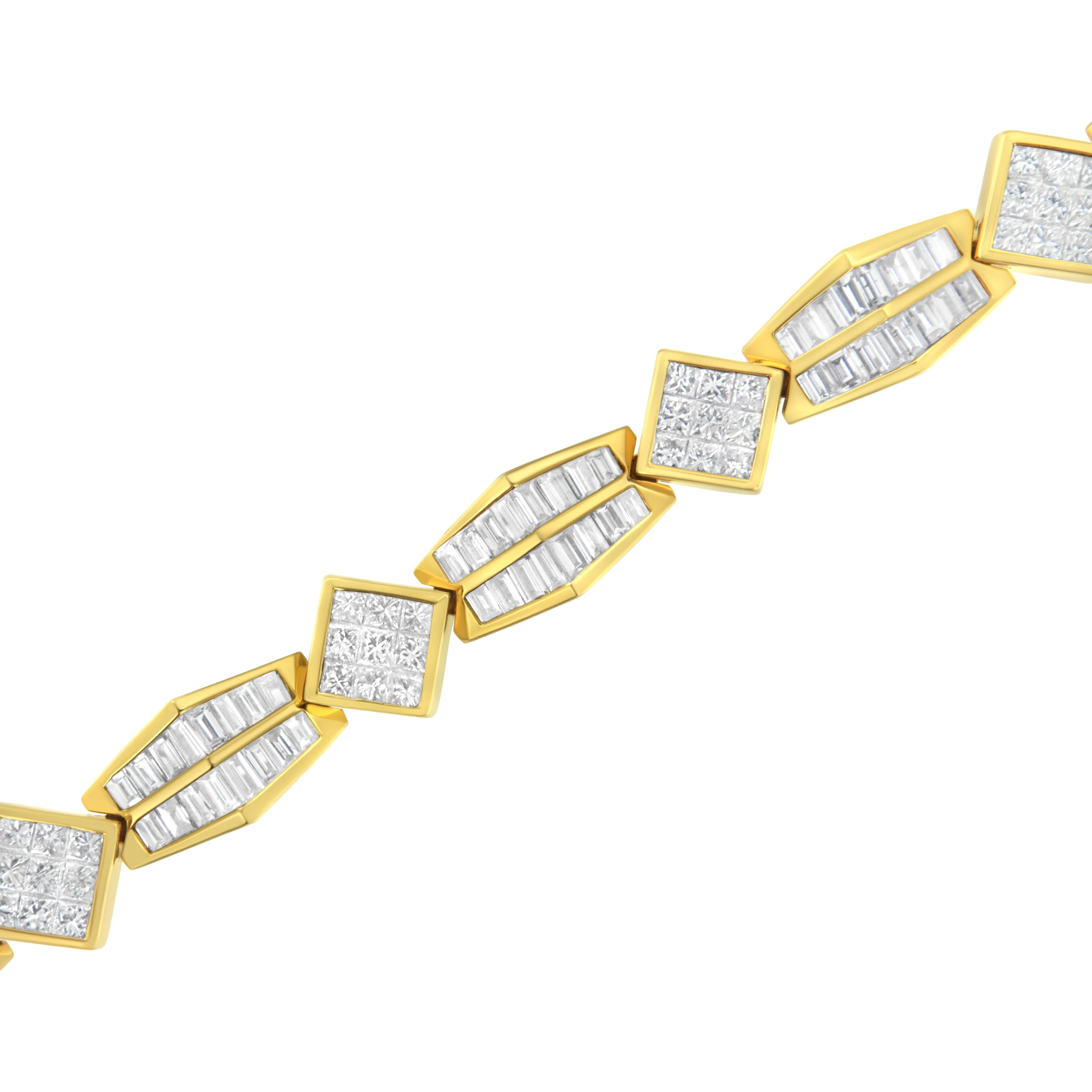 14K Yellow Gold 9 3/8 Carat Princess and Baguette Cut Diamond Bold Link Bracelet In New Condition For Sale In New York, NY