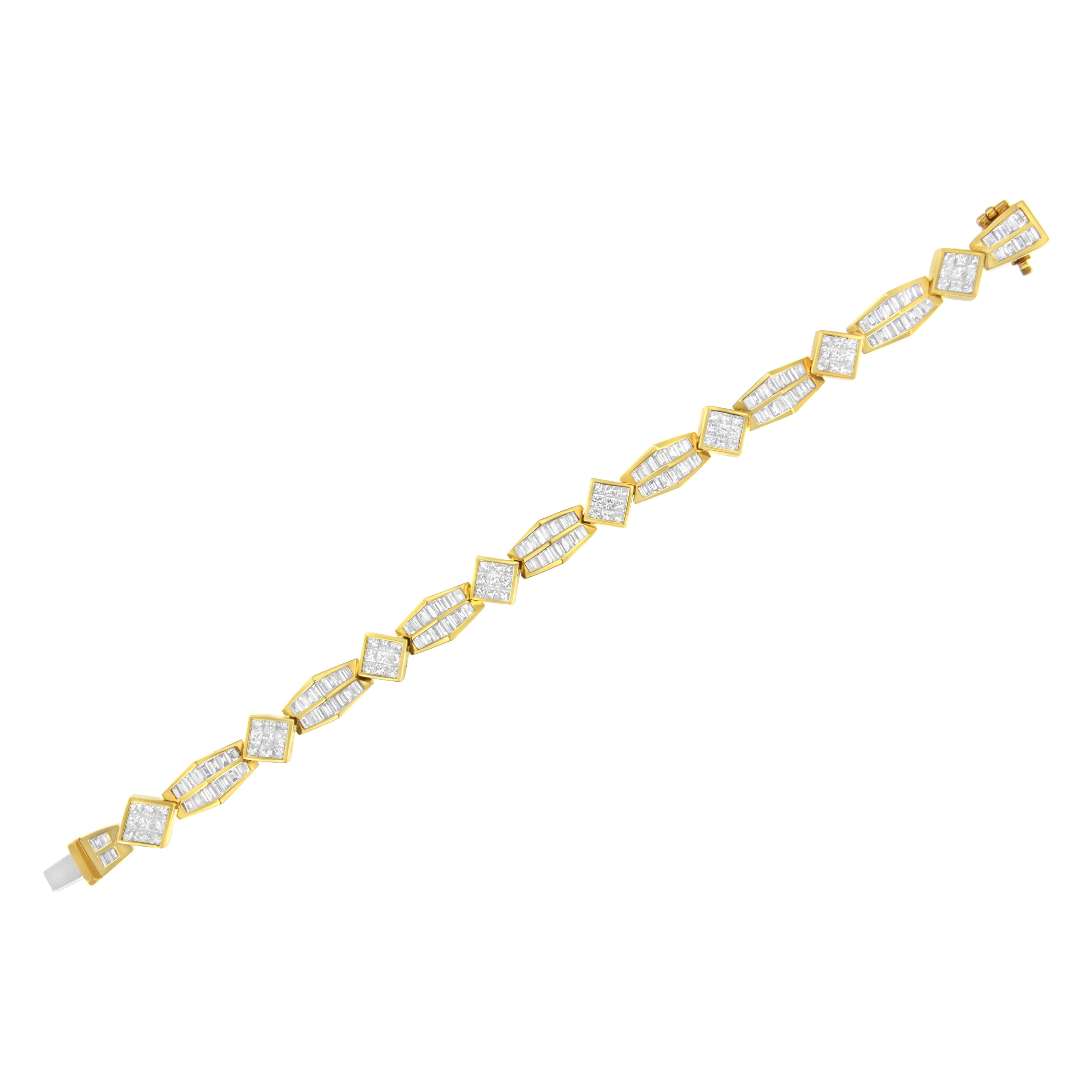 Women's 14K Yellow Gold 9 3/8 Carat Princess and Baguette Cut Diamond Bold Link Bracelet For Sale