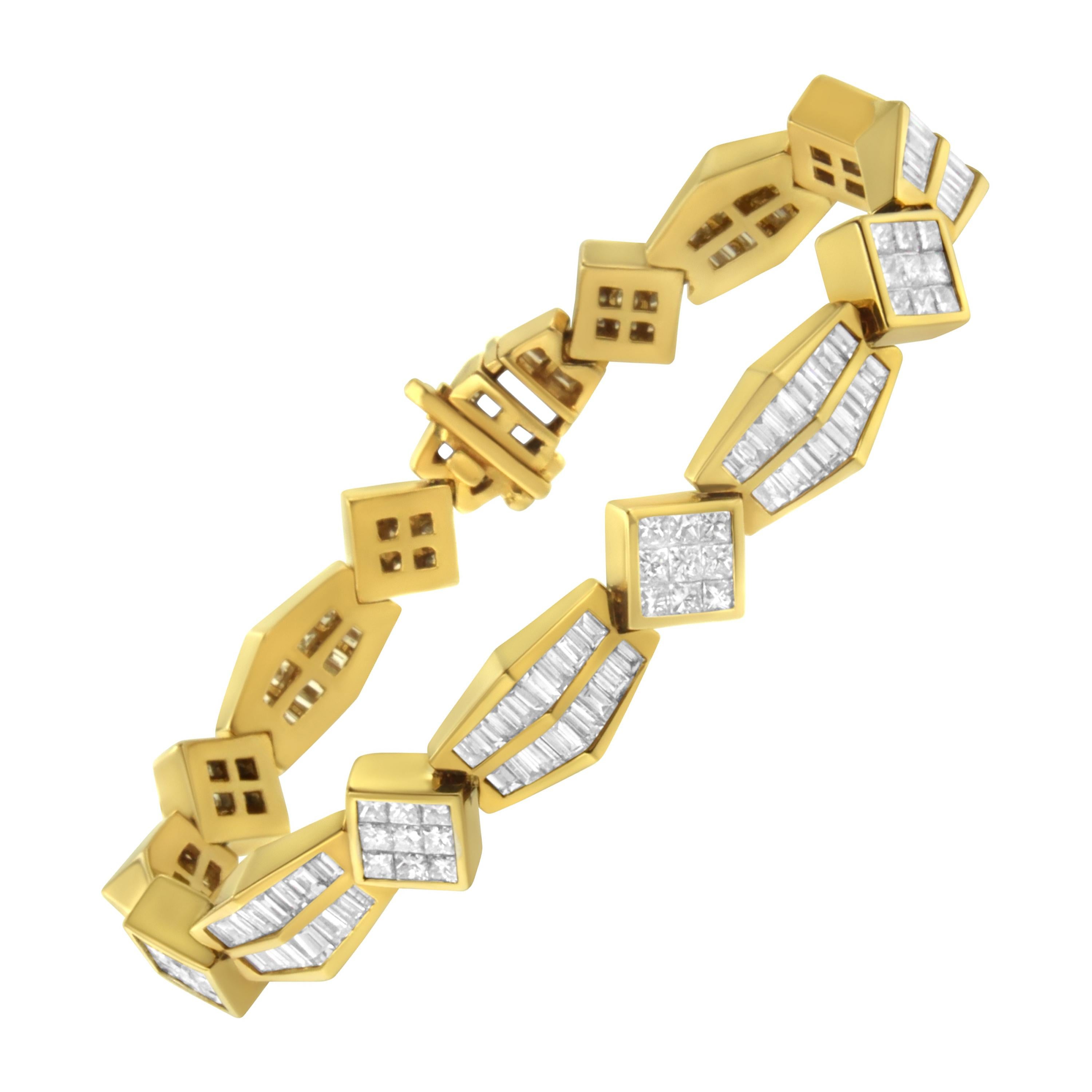 14K Yellow Gold 9 3/8 Carat Princess and Baguette Cut Diamond Bold Link Bracelet For Sale