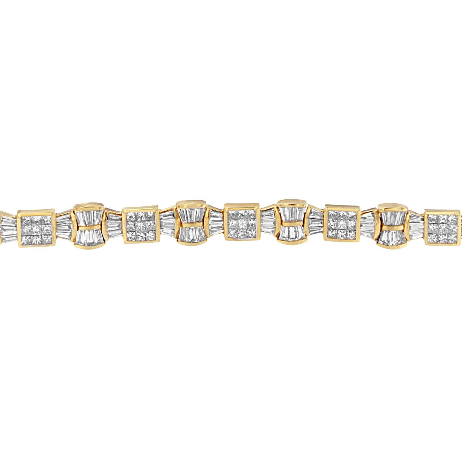 She has a love for sweet and delicate details. Surprise her with this ultra feminine bracelet, featuring shimmering 14 karat yellow gold links shaped like beautiful bows. Each one is adorned with dazzling princess cut or baguette diamonds to make