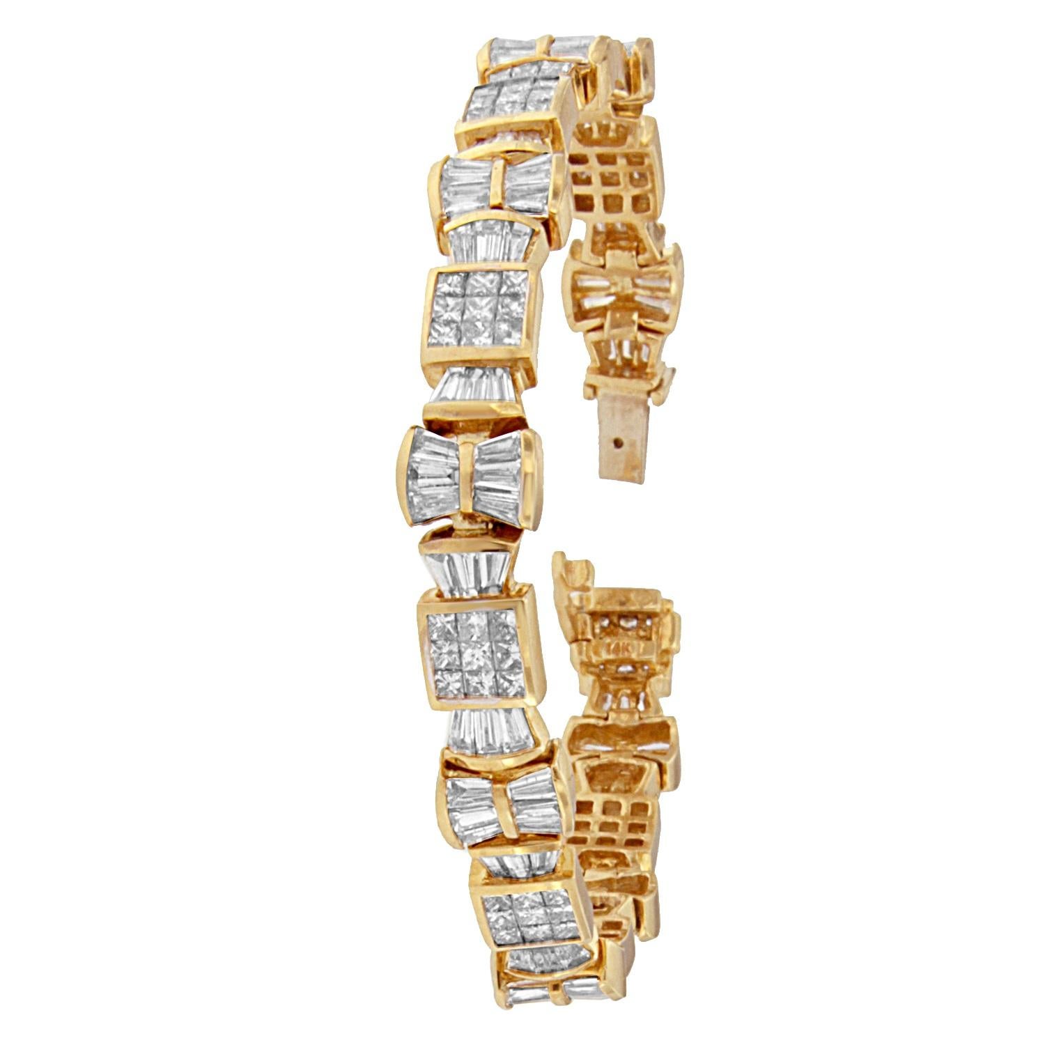 14k Yellow Gold 9 7/8 Carat Princess & Baguette Cut Diamond Love Bows Bracelet In New Condition For Sale In New York, NY