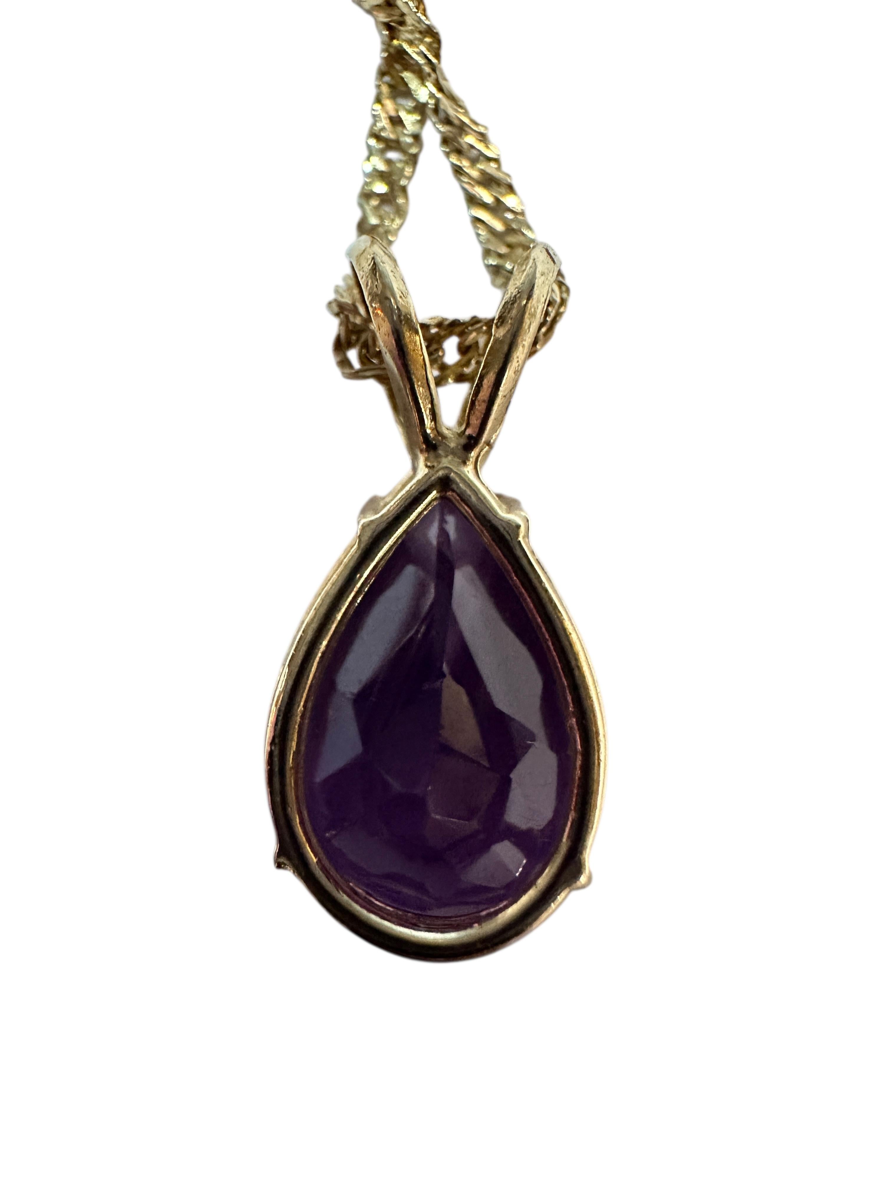 14k Yellow Gold 9 Carat Pear Cut Amethyst Pendant Necklace 16 Inches For Sale 6