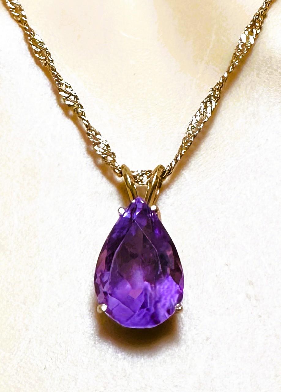 Art Deco 14k Yellow Gold 9 Carat Pear Cut Amethyst Pendant Necklace 16 Inches For Sale