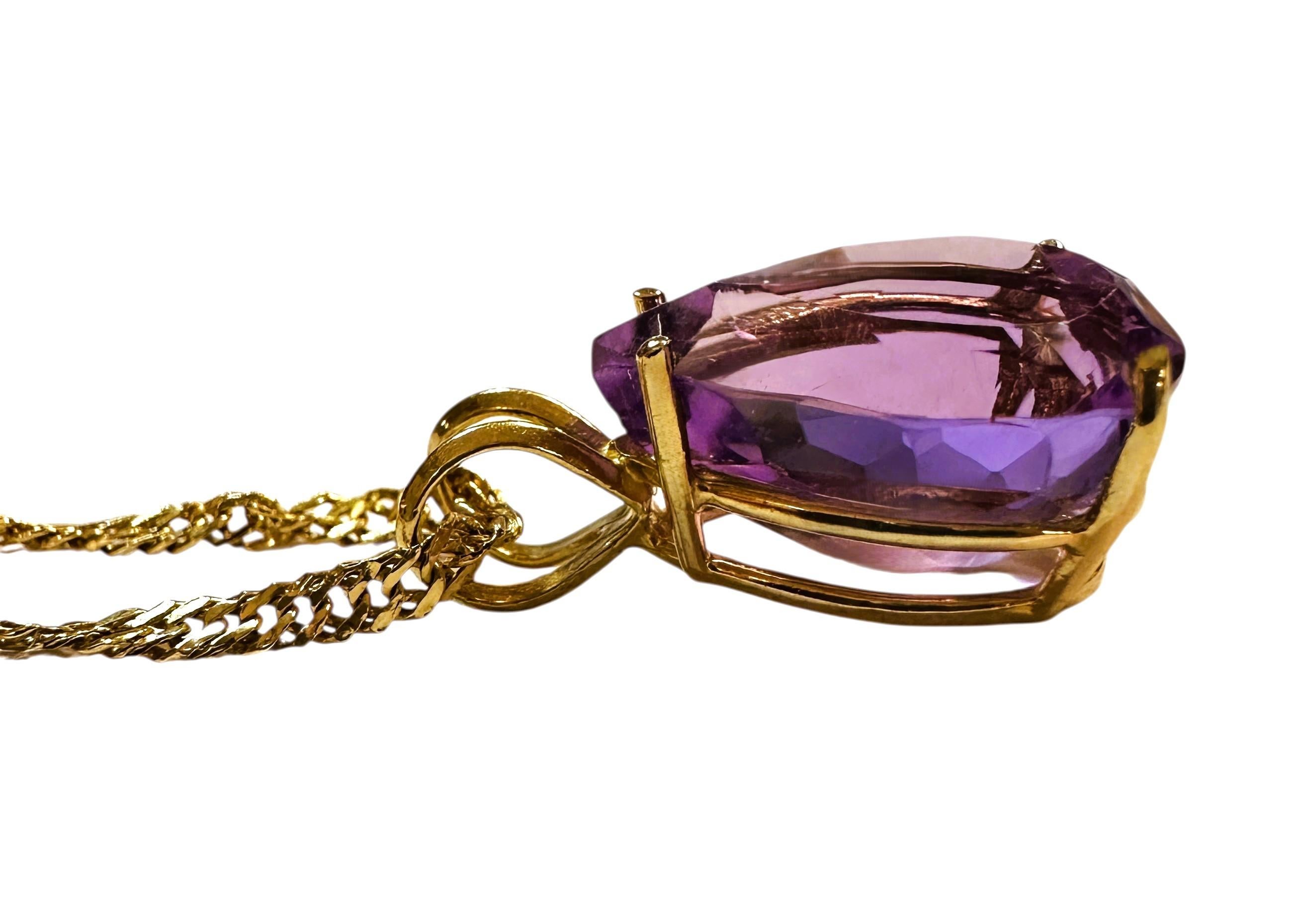 14k Yellow Gold 9 Carat Pear Cut Amethyst Pendant Necklace 16 Inches For Sale 4