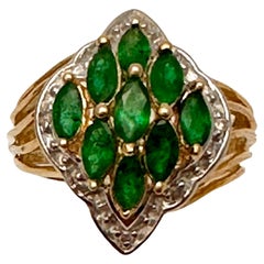 14k Yellow Gold 9 Marquise Emerald Round Diamond Accents Ring Size 6 1/4