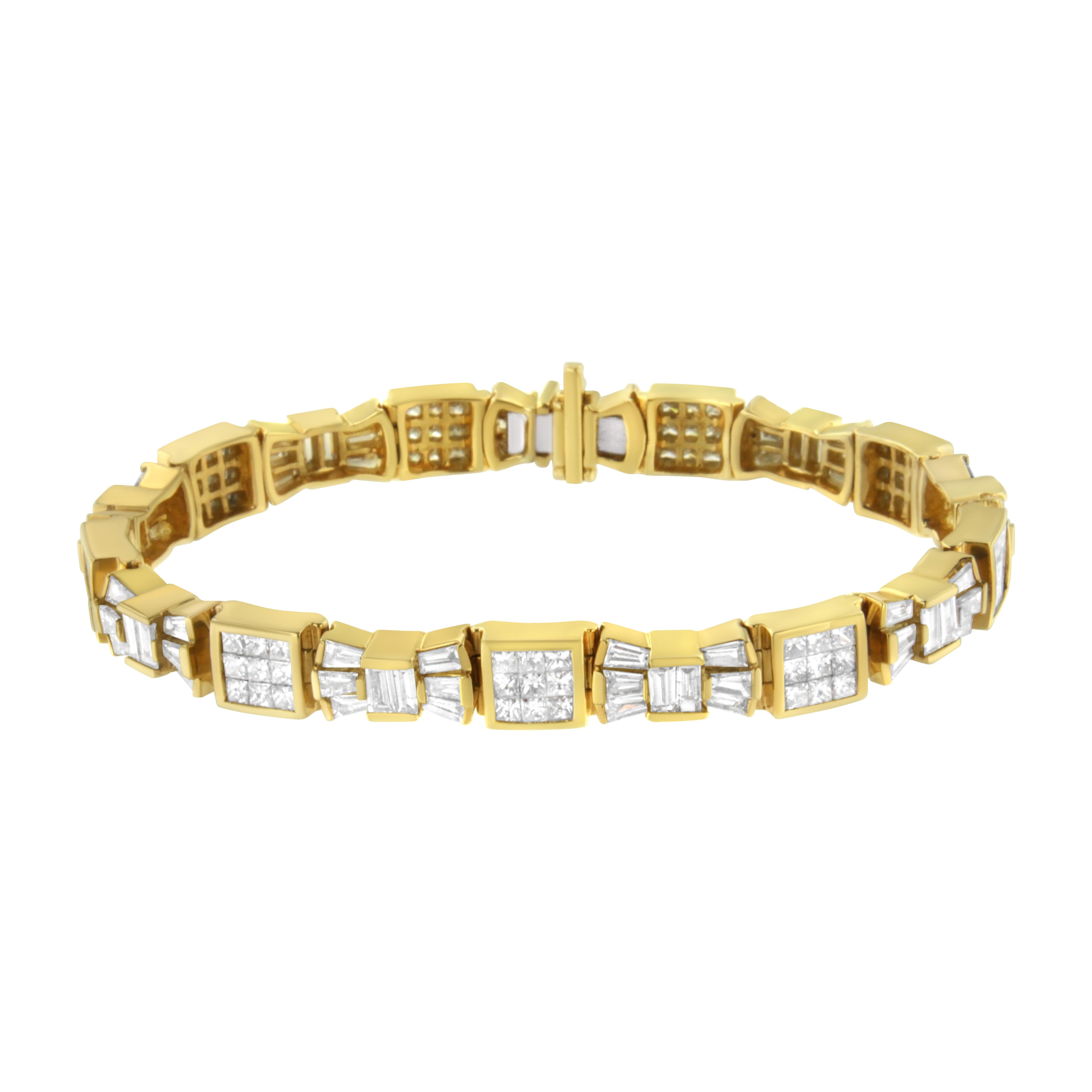This charming, contemporary bracelet in 14 karat yellow gold flaunts 9 carats of princess and baguette cut diamonds, which are sprinkled across the connecting bow and cube links for a chic look that goes from day to night in style. 

