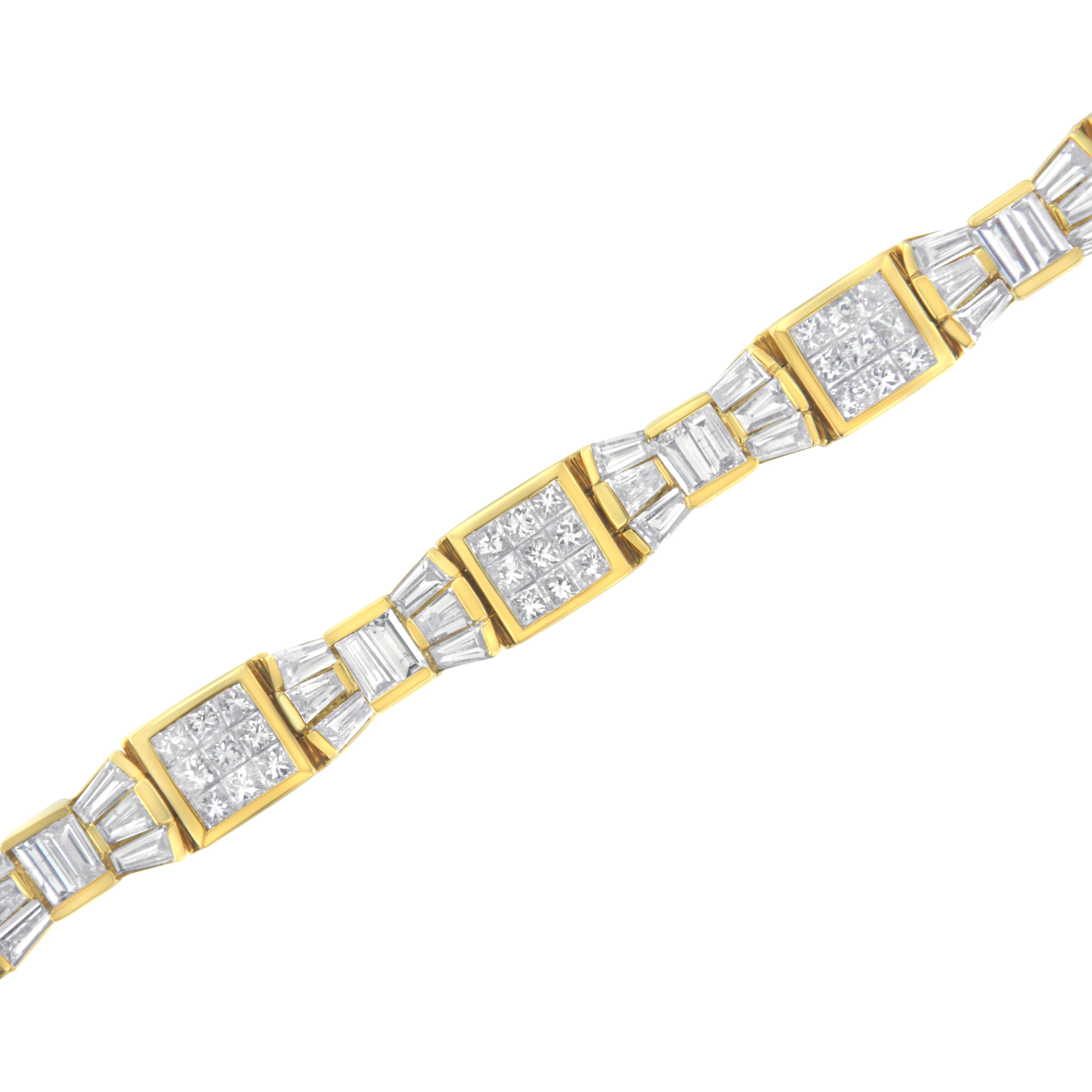 Contemporary 14K Yellow Gold 9.0 Carat Princess and Baguette Cut Diamond Bracelet For Sale