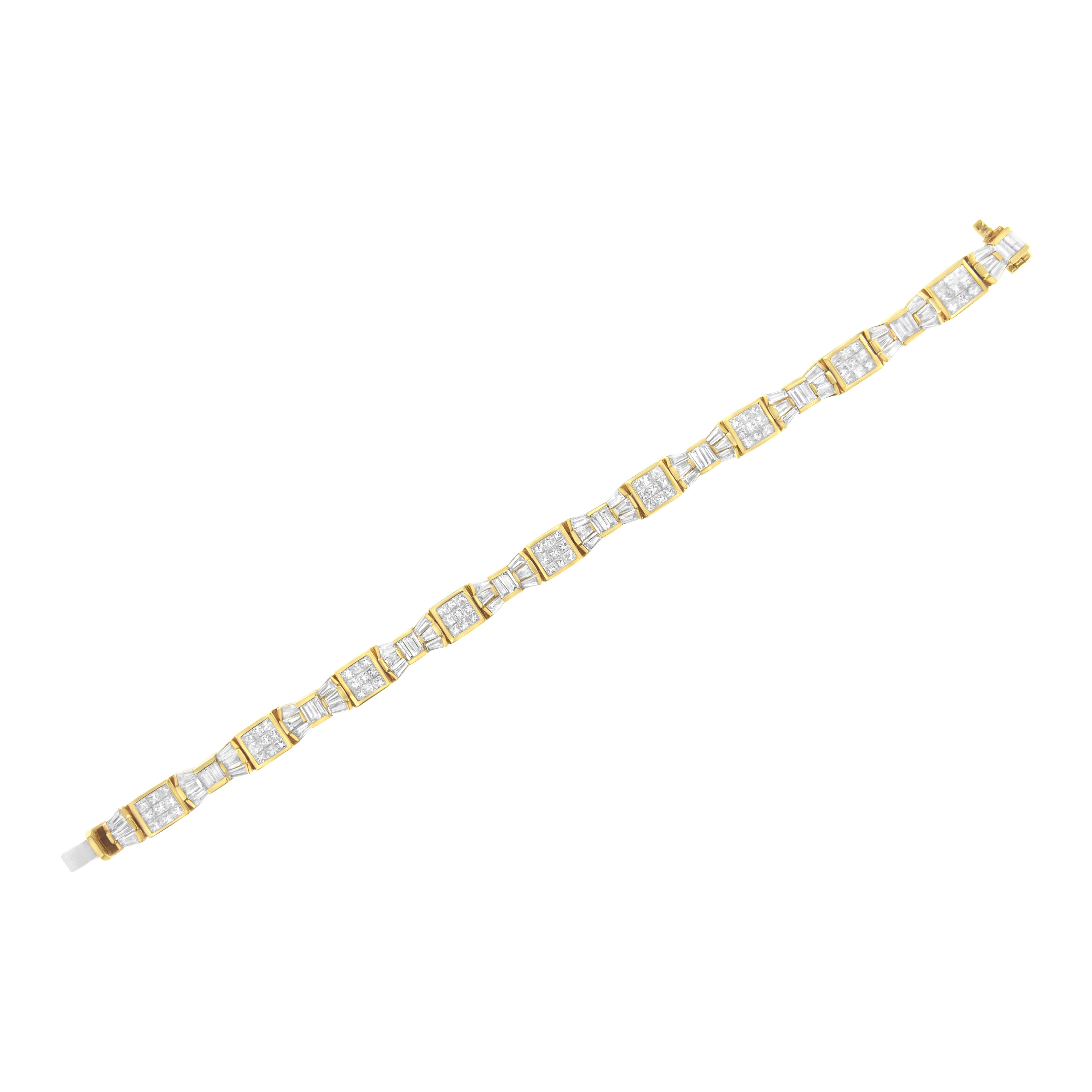 14K Yellow Gold 9.0 Carat Princess and Baguette Cut Diamond Bracelet In New Condition For Sale In New York, NY