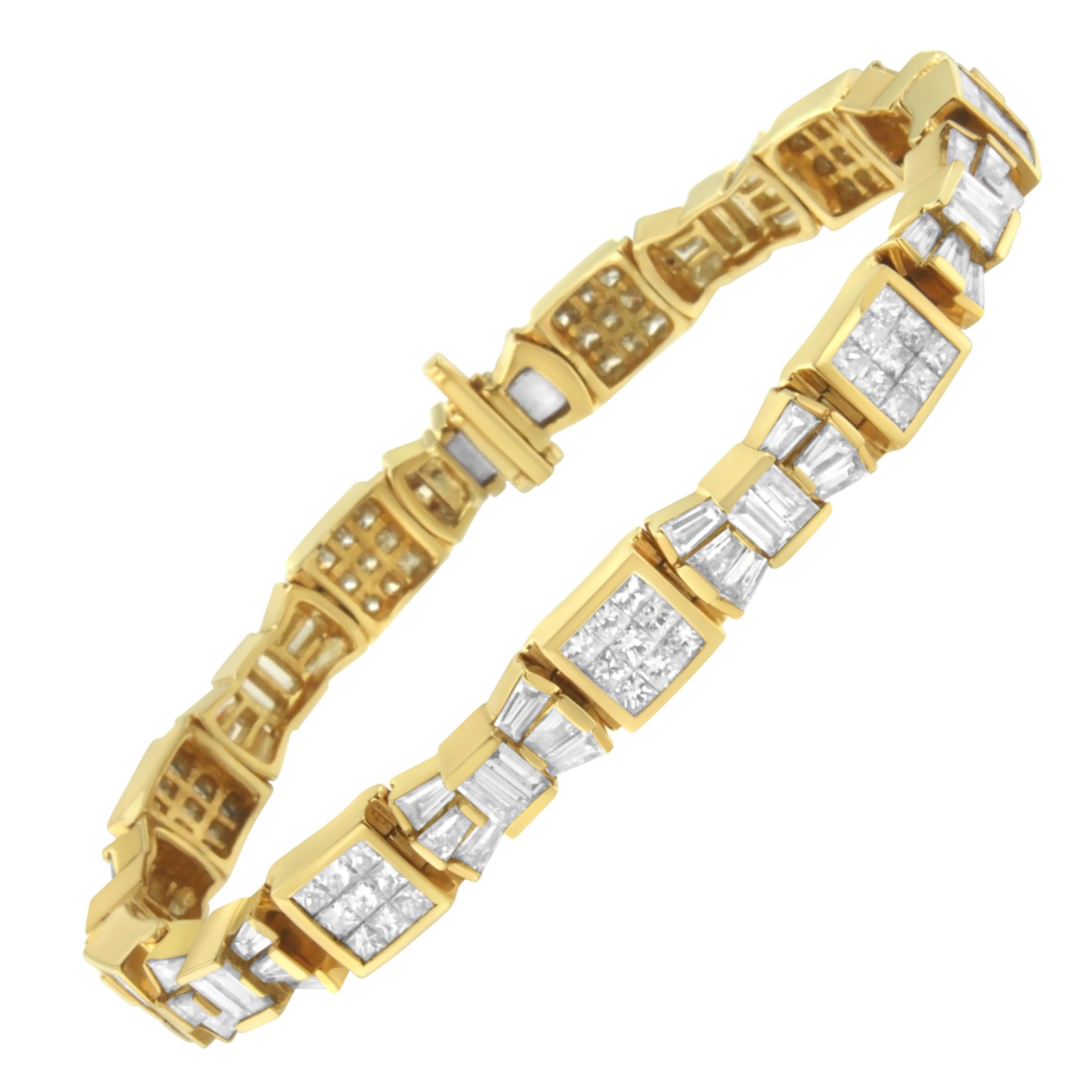 Bracelet en or jaune 14 carats avec diamants taille princesse et baguette de 9,8 carats en vente