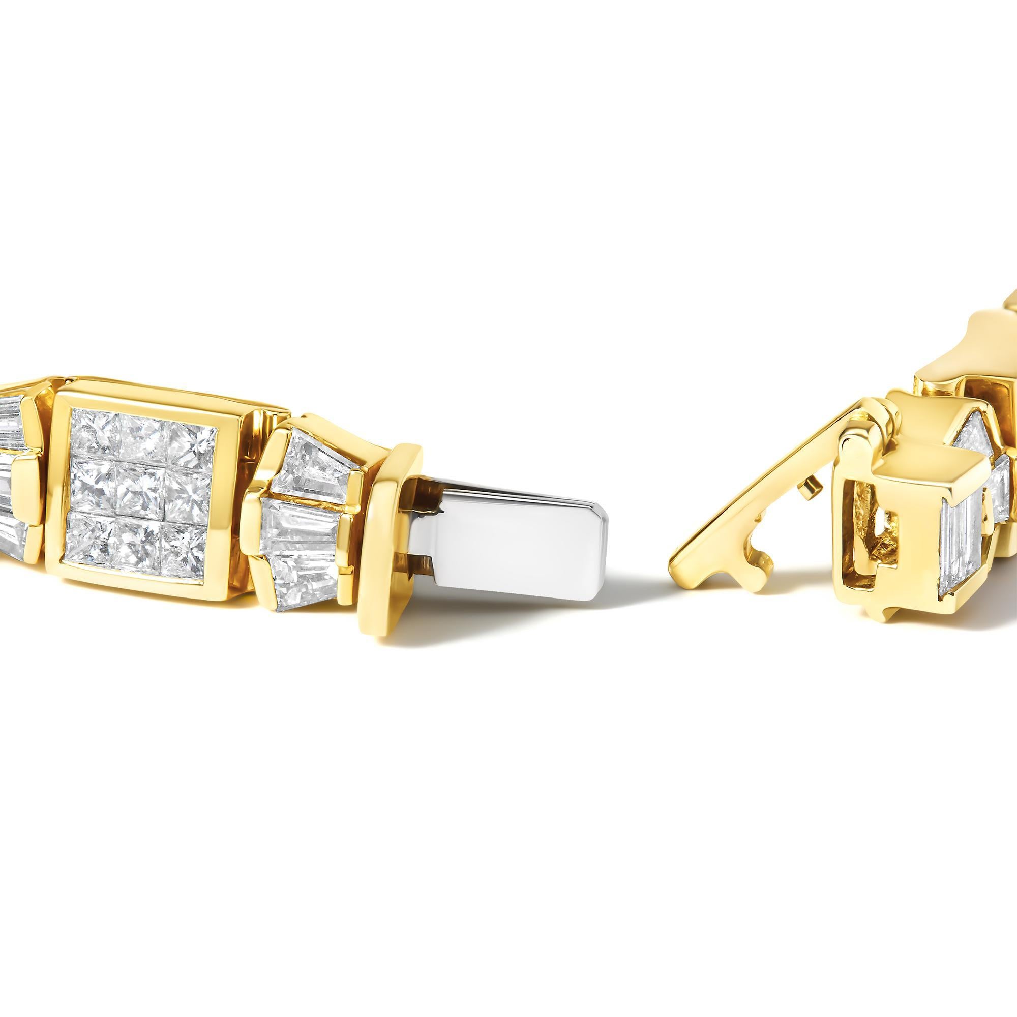 Exquisitely crafted, this 14k yellow gold bracelet captivates with 9.0 carats of natural diamonds in a harmonious blend of princess and baguette cuts, secured in invisible and channel settings respectively. The alternating bow and box link design, a