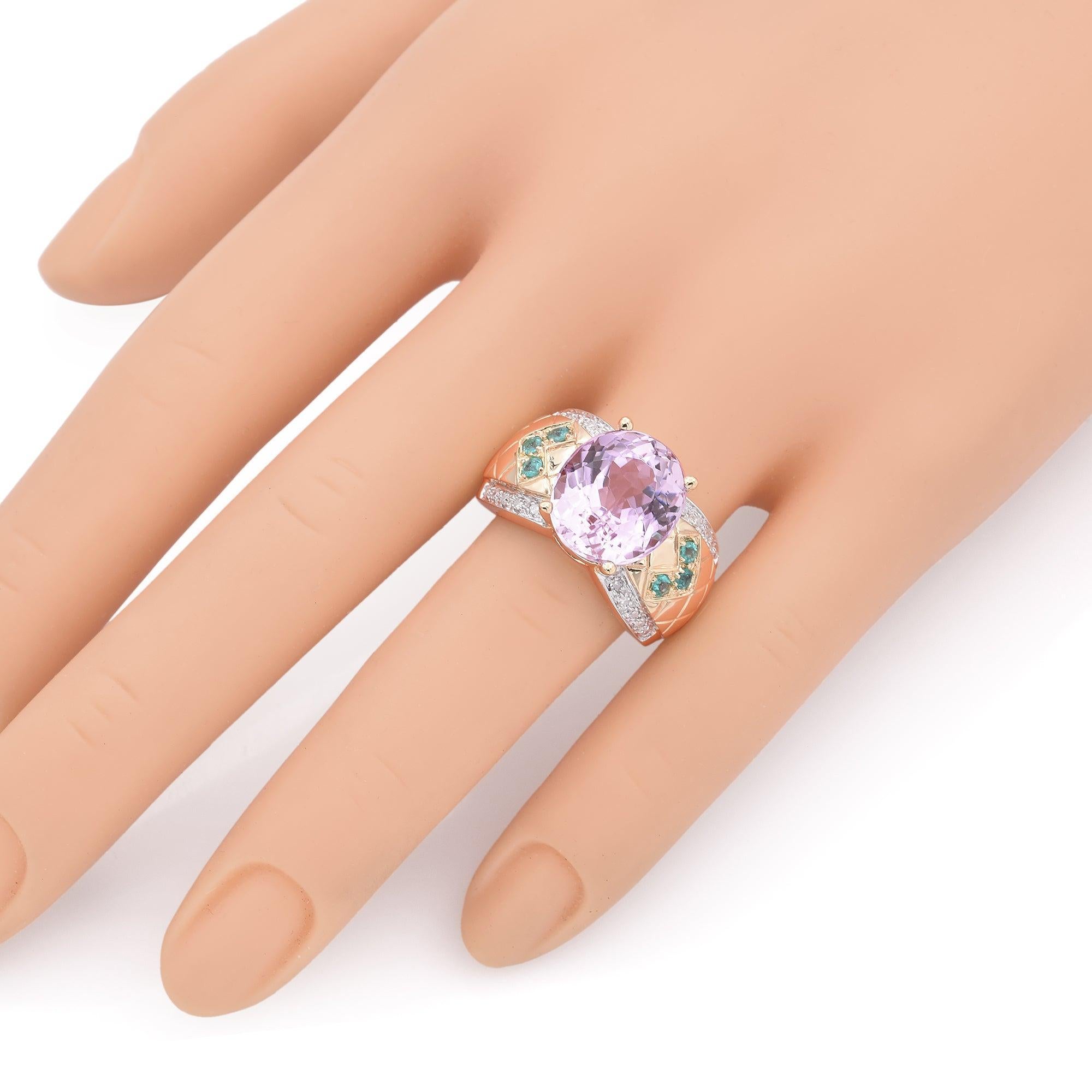 Taille ovale Or jaune 14k 9.21ct  Bague en kunzite, tourmaline de Paraiba et diamant en vente