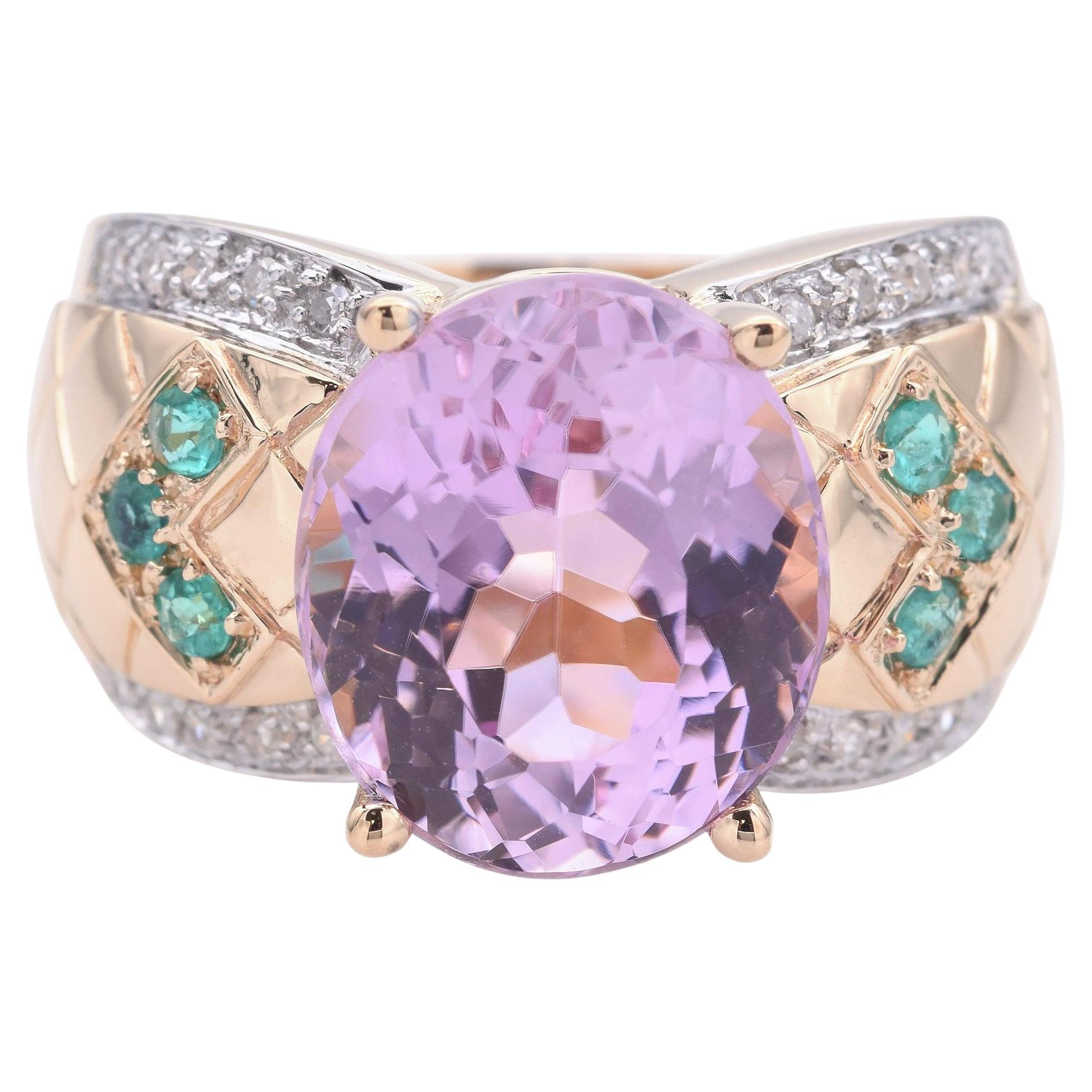 Or jaune 14k 9.21ct  Bague en kunzite, tourmaline de Paraiba et diamant