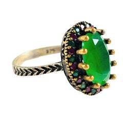 14K Yellow Gold 925 Sterling Tsavorite, Ruby & Emerald Ring Size 7
