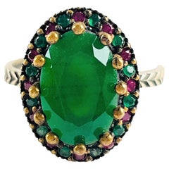 14K Yellow Gold 925 Sterling Tsavorite, Ruby & Emerald Ring Size 7