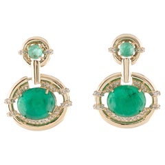 14K Yellow Gold 9.34ctw Emerald & Diamond Drop Earrings Featuring Round and Oval