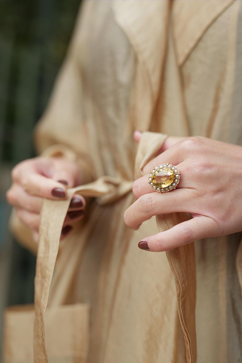 Victorian 14k Yellow Gold 9.5 Carat Citrine and Pearl Statement Ring