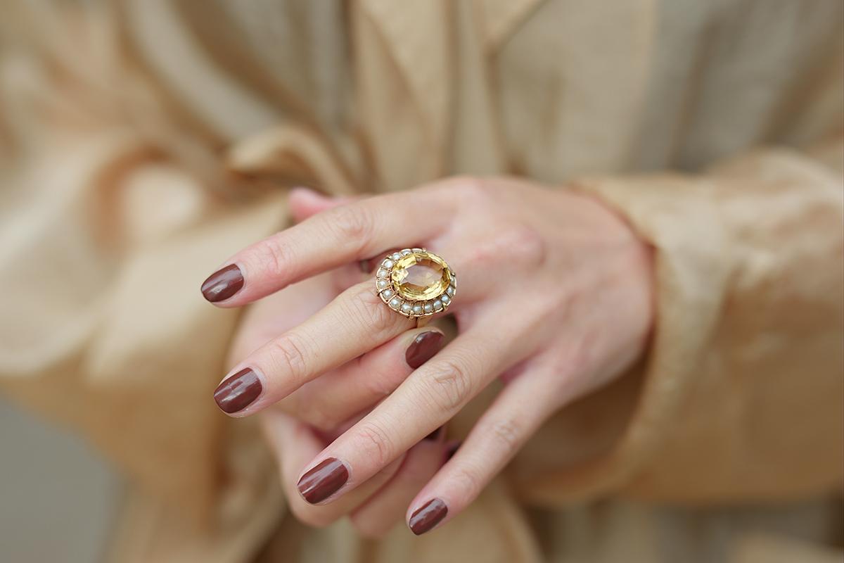 Bead 14k Yellow Gold 9.5 Carat Citrine and Pearl Statement Ring