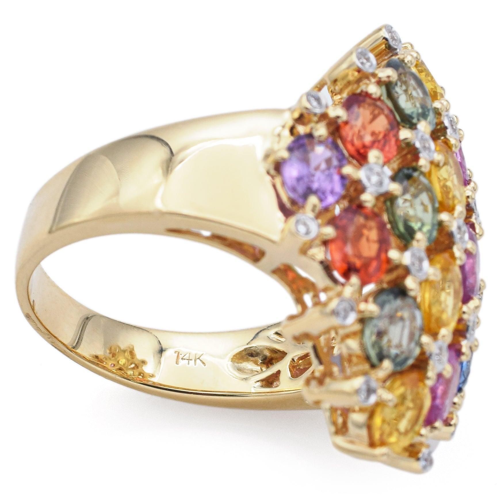 Bague en or jaune 14K 9.50 TCW saphir multi-couleurs et diamant Bon état - En vente à New York, NY