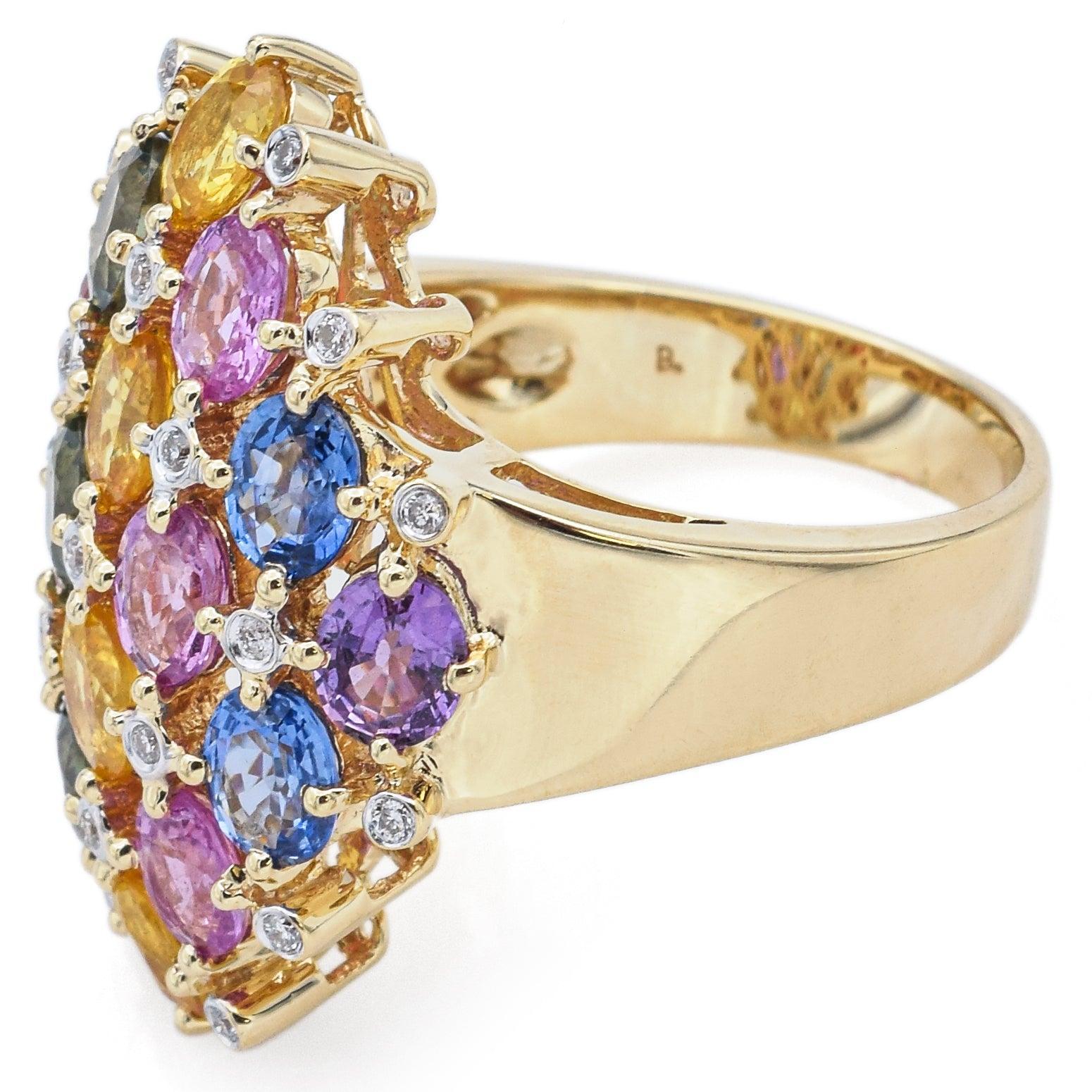 Bague en or jaune 14K 9.50 TCW saphir multi-couleurs et diamant Pour femmes en vente