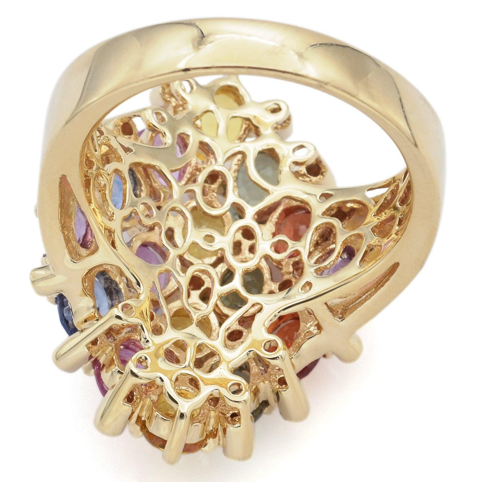 Bague en or jaune 14K 9.50 TCW saphir multi-couleurs et diamant en vente 1