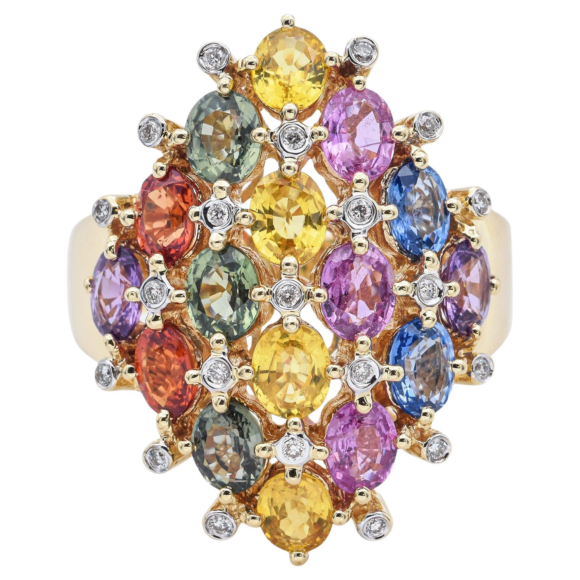 Anello con zaffiro e diamante multicolore in oro giallo 14K 9,50 TCW