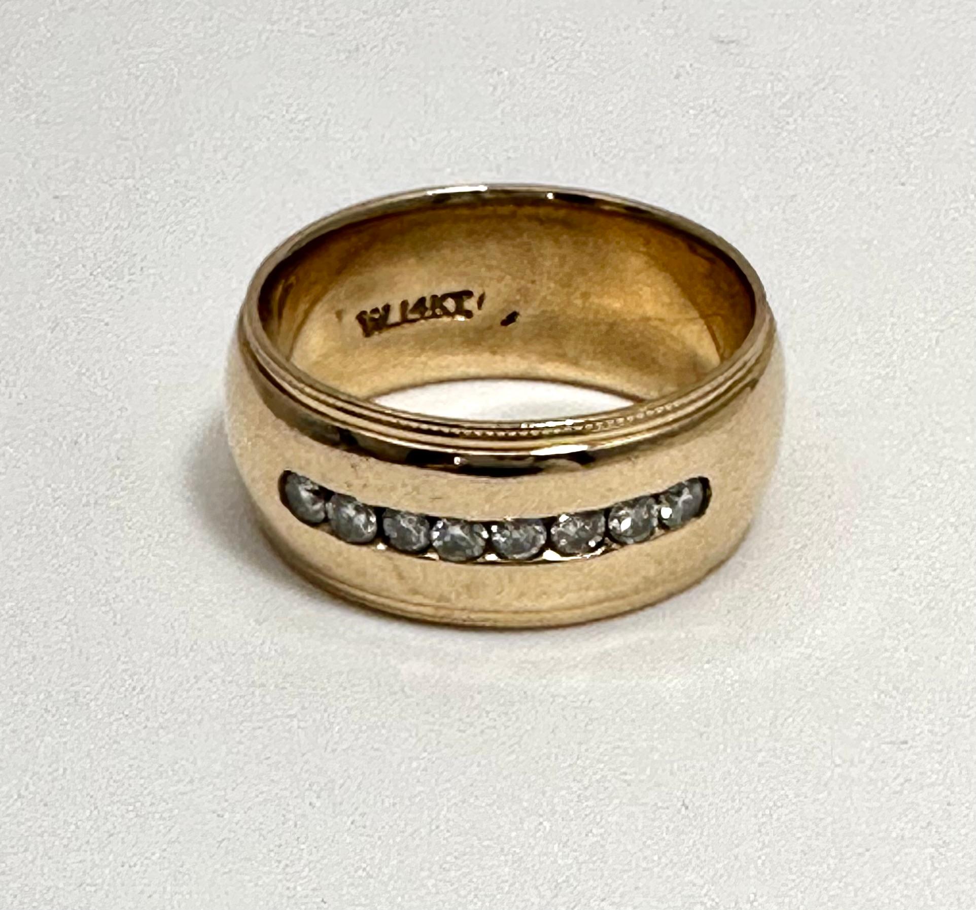 14k Yellow Gold ~ 9.5mm Wide Diamond Band Ring Size 10 
8 diamonds 

Gold has also been used to open and to activate the third-eye and crown chakras. It has been said to attract honors, wealth, and happiness; to provide composure, to stabilize the