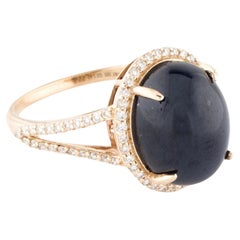 14K Gelbgold 9,62 Karat Oval Cabochon Saphir & Diamant Cocktail-Ring Größe 7